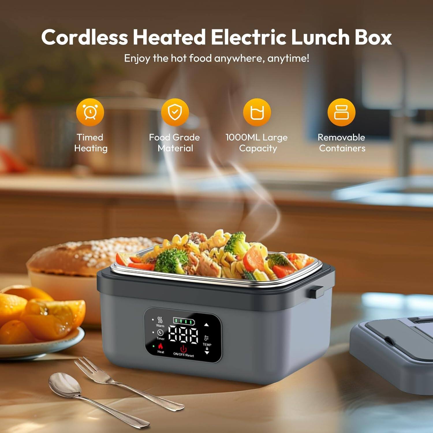 Cordless Heated Electric Lunch Box  
Enjoy the hot food anywhere, anytime!  

- Timed Heating  
- Food Grade Material  
- 1000ML Large Capacity  
- Removable Containers  

TEMP  
ON/OFF Reset