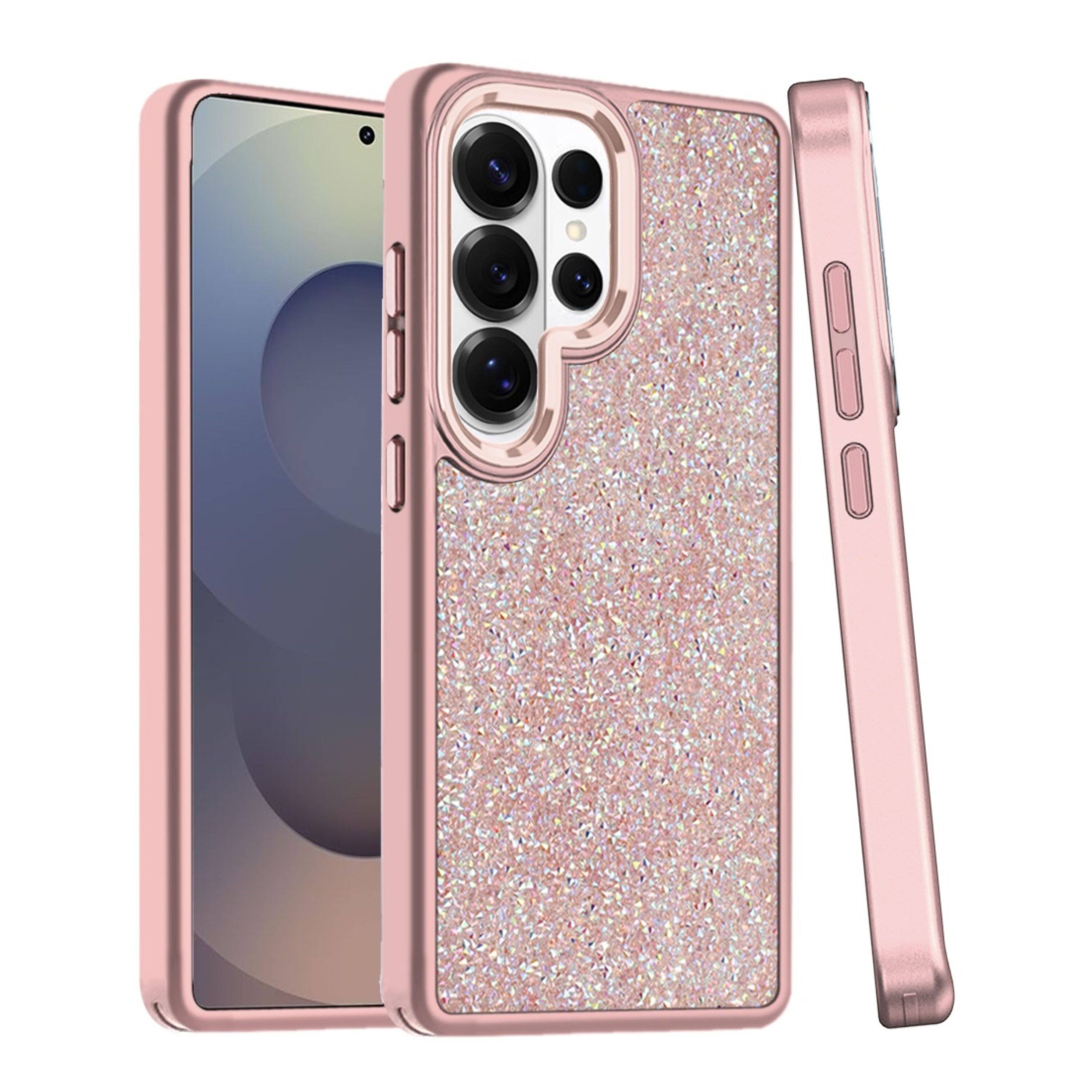 Back. Kitcheniva - Full Crystal Bling Metallic Buttons Phone Case With Tempered Glass For Samsung Galaxy S25 Ultra Rose Gold - Rose Gold.