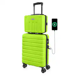 Brick Attic - 20" Carry On Luggage 14" Mini Cosmetic Cases Luggage Sets Hardside PC ABS Lightweight USB Suitcase with Wheels TSA - Apple green