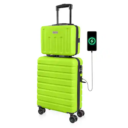 Front. Brick Attic - 20" Carry On Luggage 14" Mini Cosmetic Cases Luggage Sets Hardside PC ABS Lightweight USB Suitcase with Wheels TSA - Apple green.