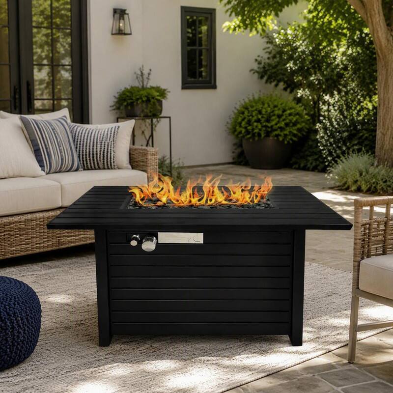 Angle. RYHNUYNE - Black Steel Rectangular Outdoor Fire Pit Table with Lid - 42"W x 20" H Fire Table for Patio Backyard - Black.