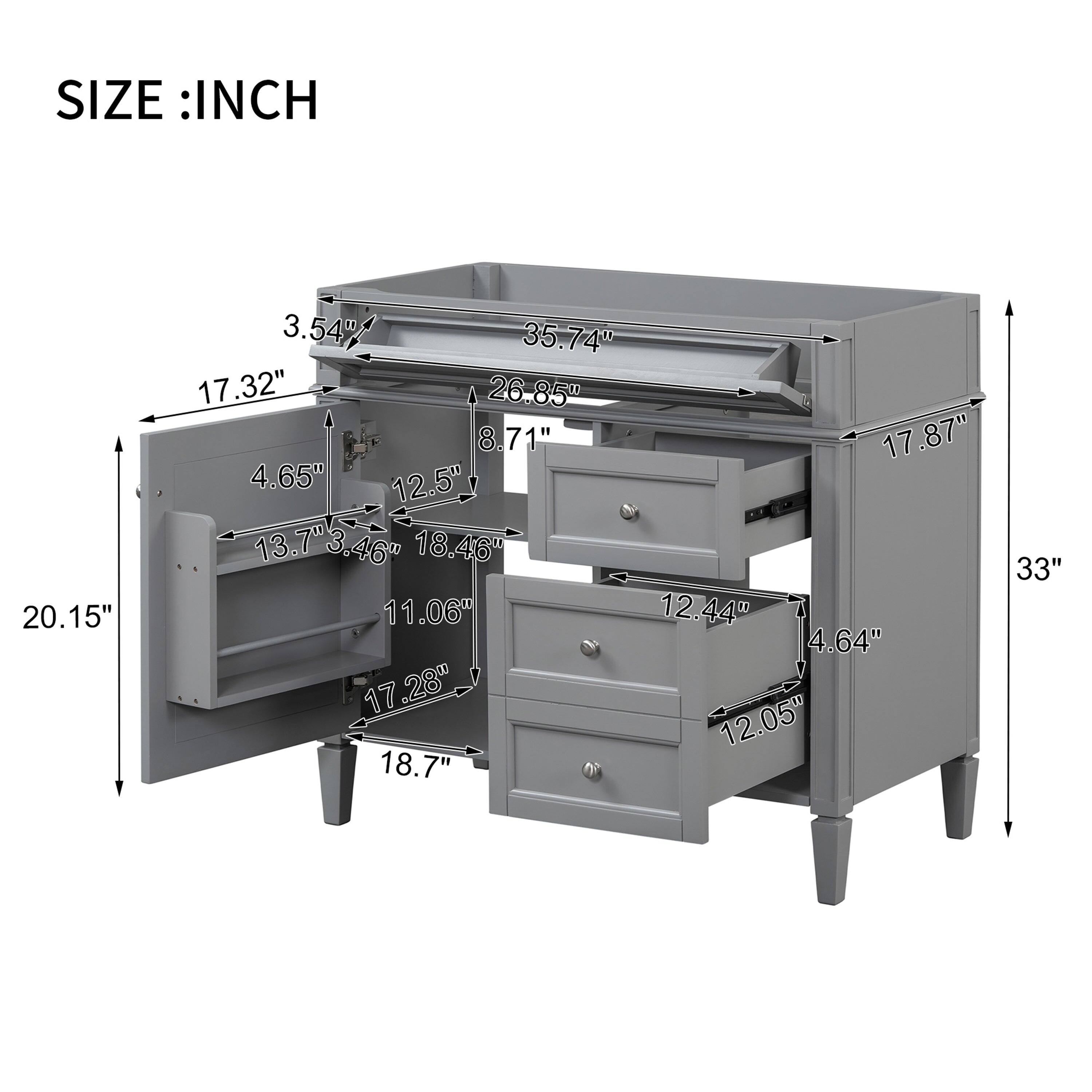 SIZE : INCH  
20.15" 3.54" 35.74" 17.32" 26.85" 8.71" 17.87" 4.65" 12.5" 13.7" 3.46" 18.46" 11.06" 12.44" 4.64" 17.28" 12.05" 18.7" 33"