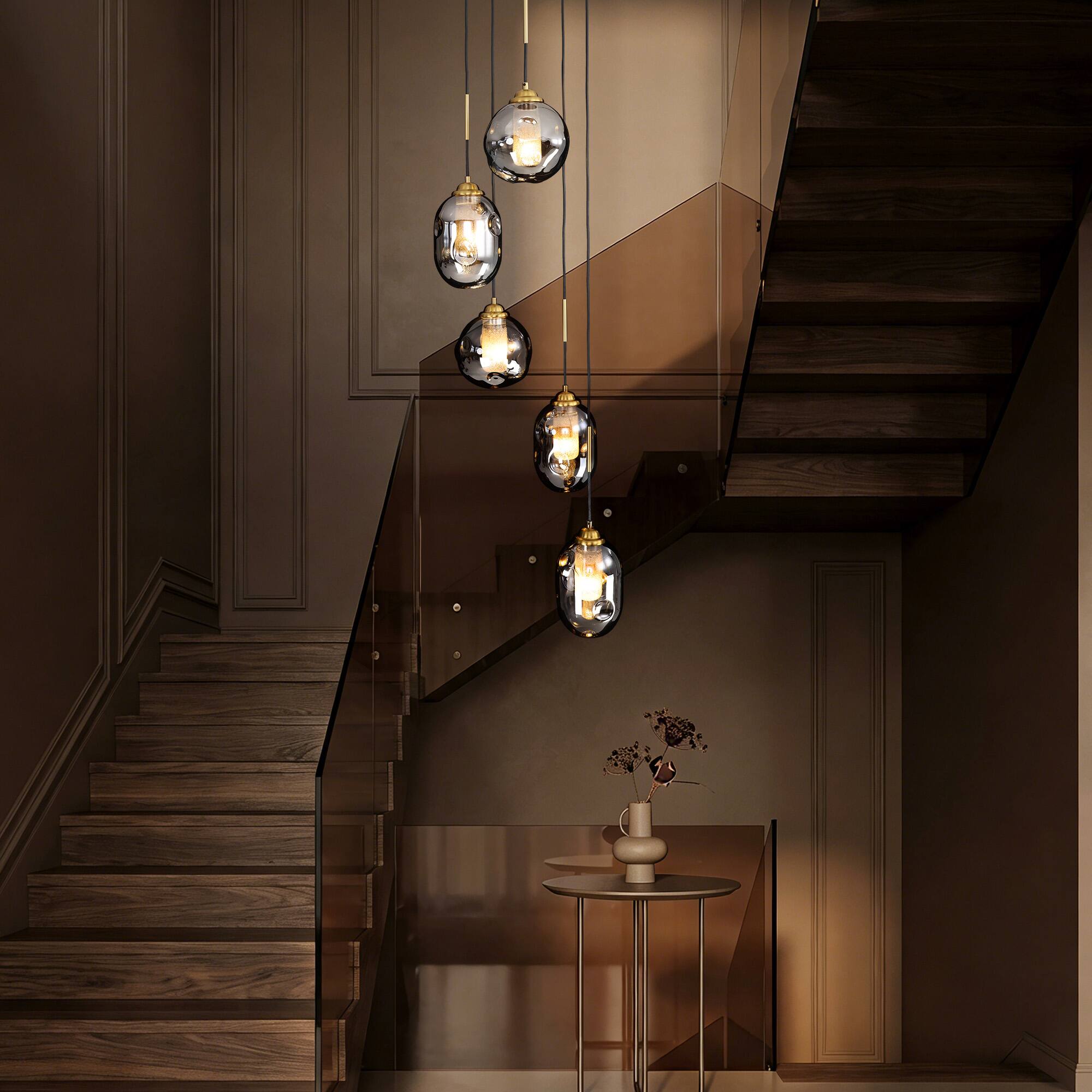 Alt View 2. Siljoy - 5 Light Staircase Pendant Light Sand Black Antique Brass Smoked Gray Glass Shades Adjustable Height for Entryway Foyer - Black.