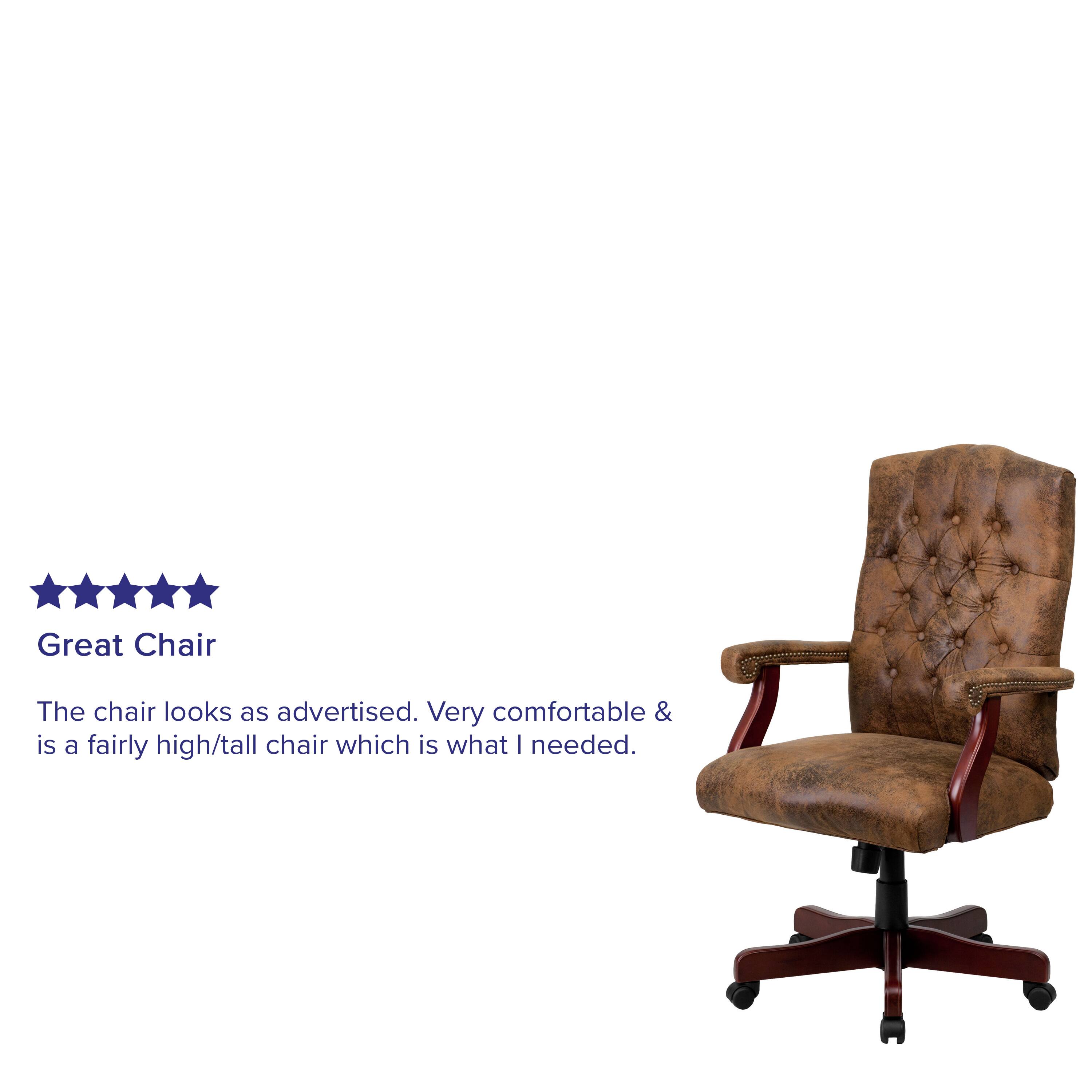 Great Chair

The chair looks as advertised. Very comfortable & is a fairly high/tall chair which is what I needed.