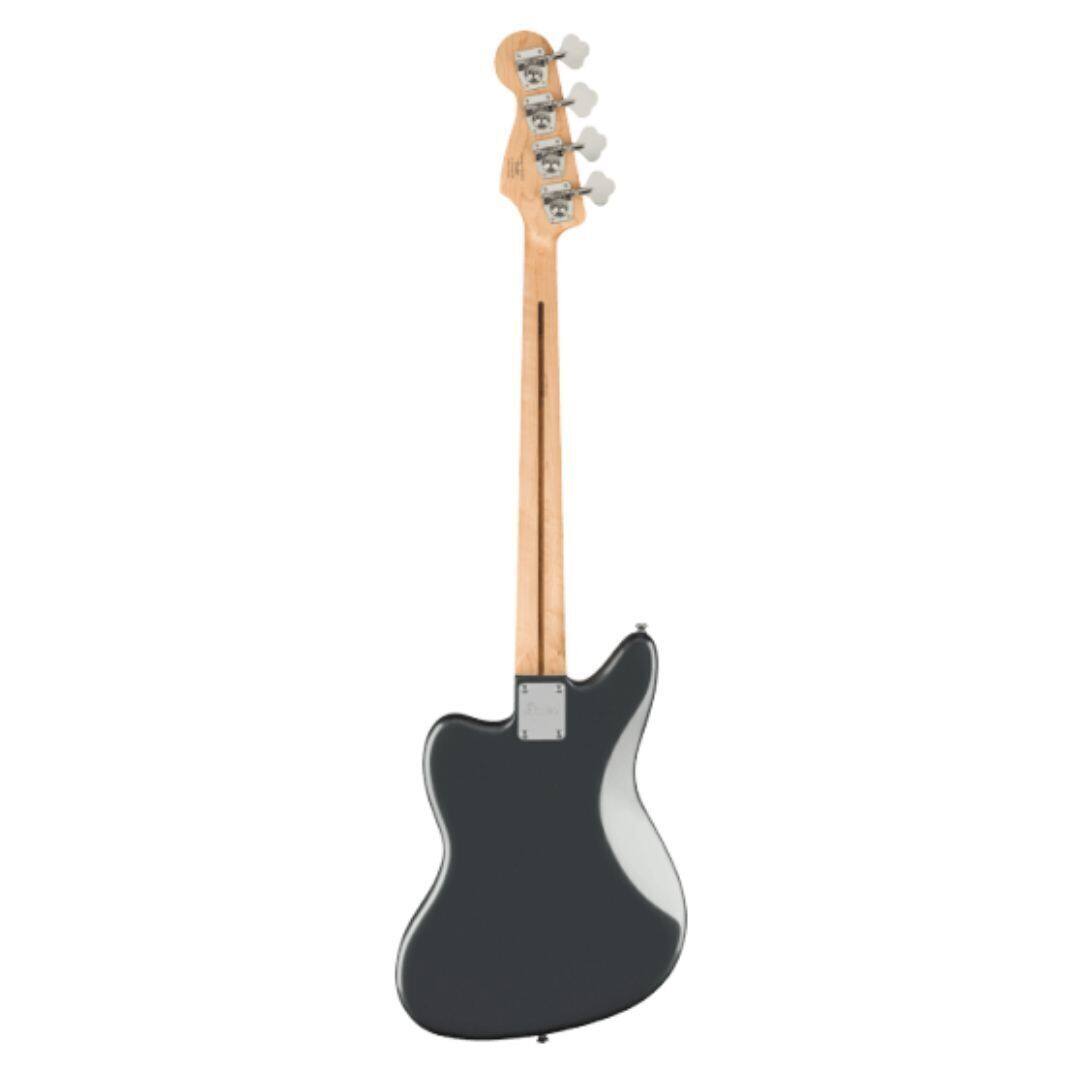 Left. Fender - Squier Affinity Series Jaguar Bass H, Laurel Fingerboard, Black Pickguard, Charcoal Frost Metallic.