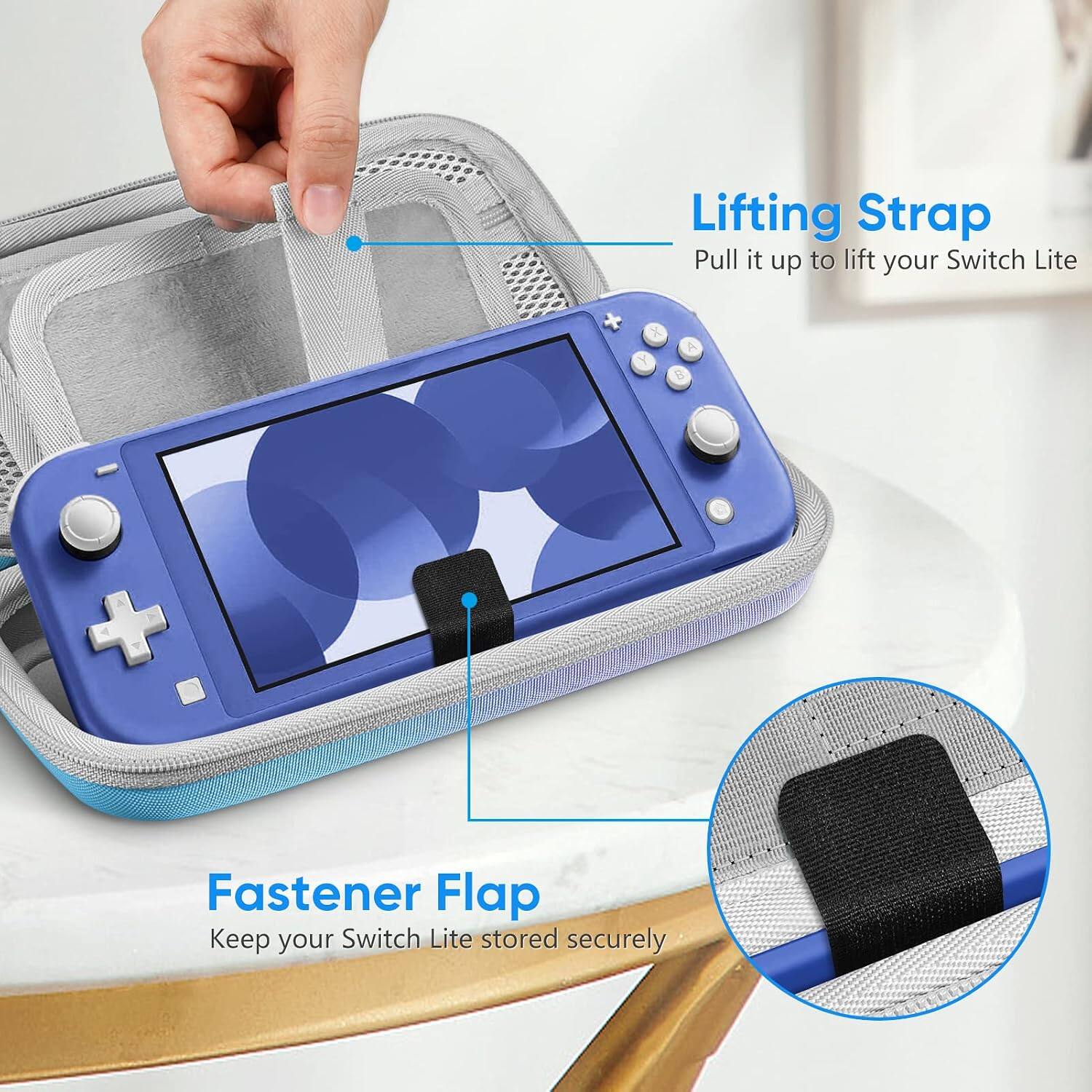 Lifting Strap  
Pull it up to lift your Switch Lite

Fastener Flap  
Keep your Switch Lite stored securely
