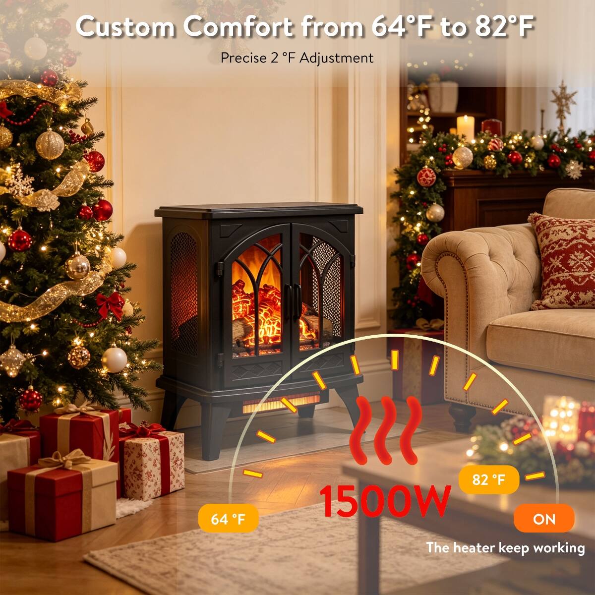 Custom Comfort from 64°F to 82°F  
Precise 2°F Adjustment  

64°F  
82°F  
1500W  
ON  

The heater keep working