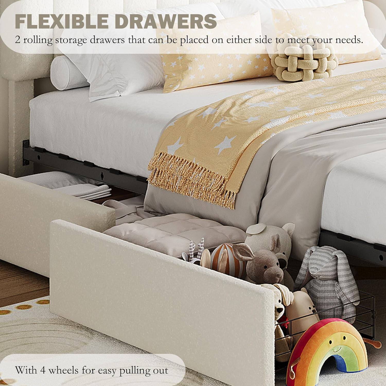 FLEXIBLE DRAWERS  
2 rolling storage drawers that can be placed on either side to meet your needs.  
With 4 wheels for easy pulling out