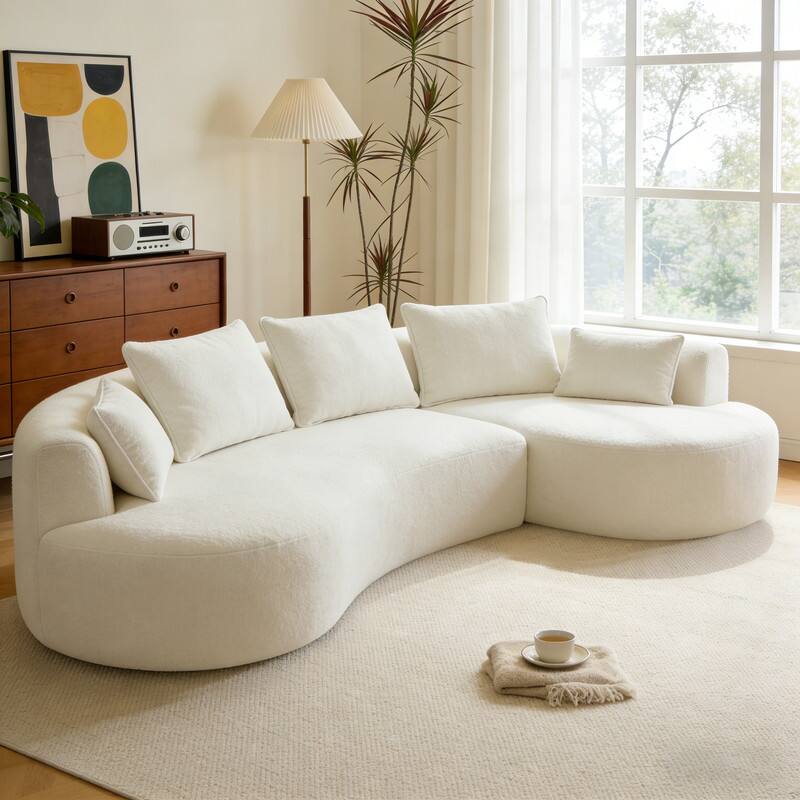 Dyonery - 122" Curved Corner Sofa with Chaise Lounge, Modern Luxury Lambswool Sofa, Includes 5 Pillows，Extra-Thick. - Beige