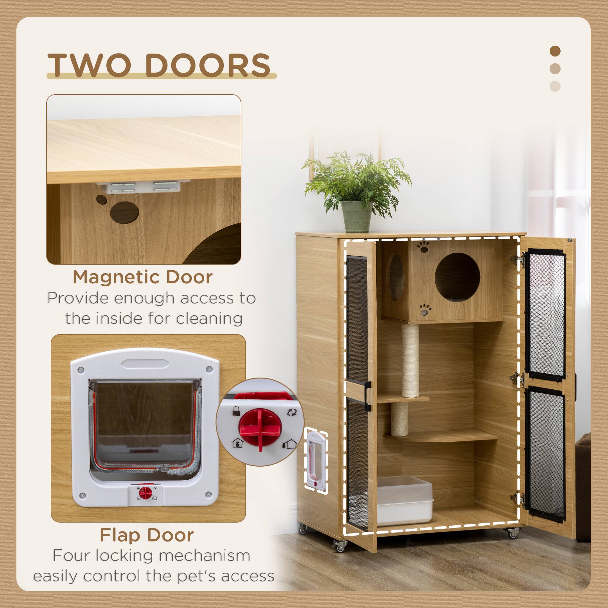 TWO DOORS

Magnetic Door  
Provide enough access to the inside for cleaning

Flap Door  
Four locking mechanism easily control the pet's access