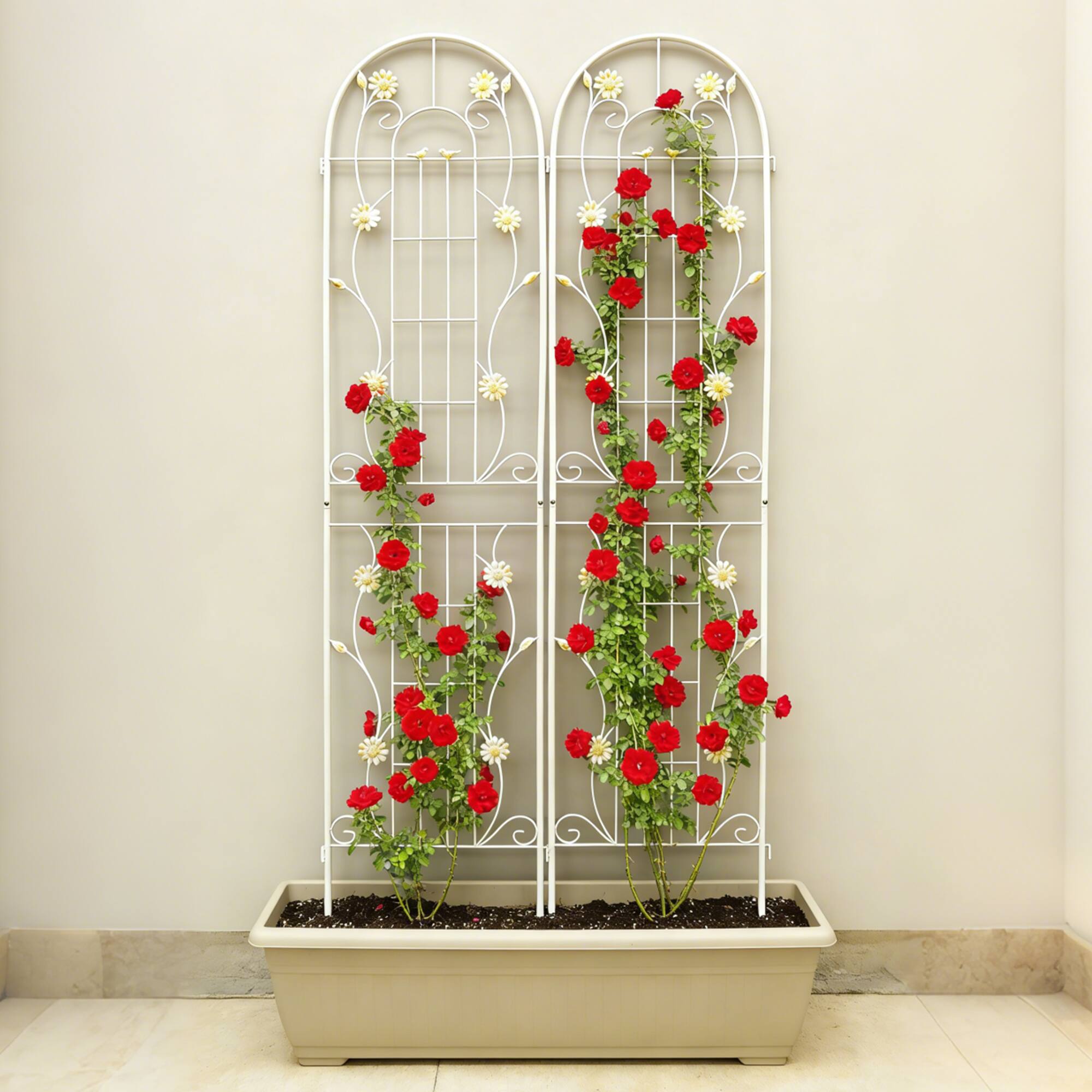 Angle. Loheer - 7.2 x 1.6 ft 2 Pack Rustproof Metal Garden Trellis for Climbing Plants - Cream White.