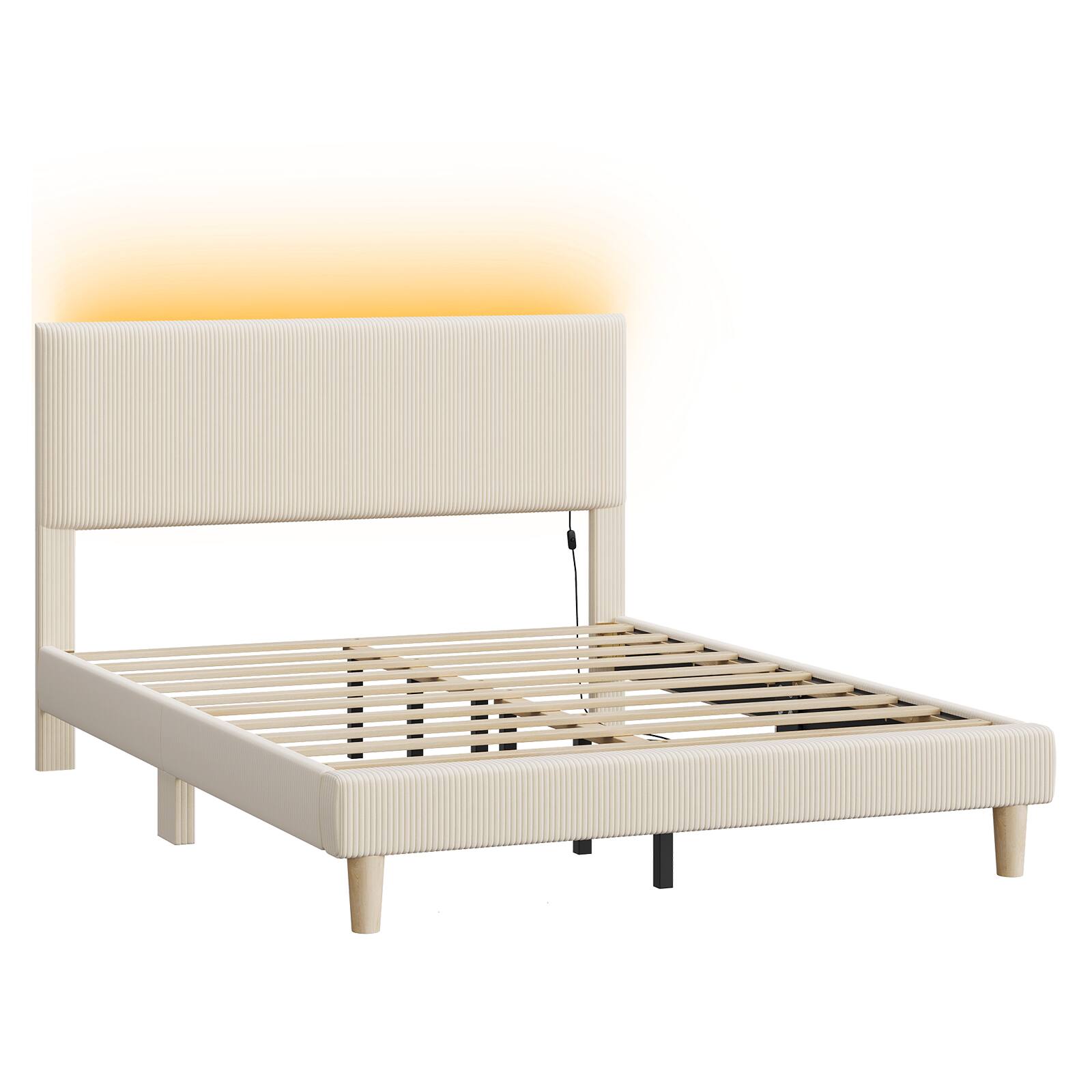 Angle. Bestier - Queen Size Upholstered Bed Frame with LED Lights, Adjustable Headboard - Off White.