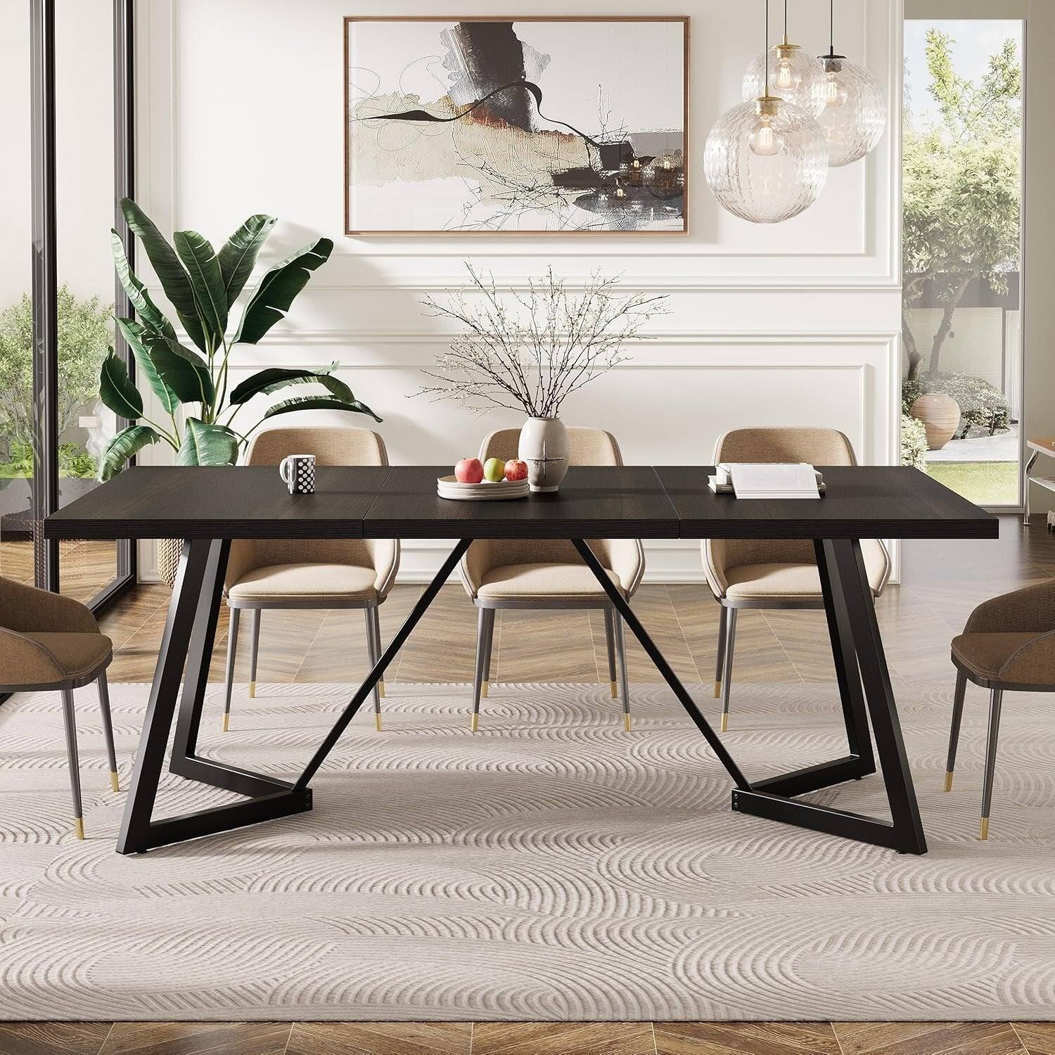 Back. Tribesigns - Modern Dining Table with Wood Grain Finish and Rectangular Top for Everyday Meals and Family Gatherings - Black.