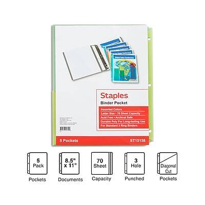 Staples Binder Pocket Assorted Colors Letter Size 70 Sheet Capacity Acid Free Archival Safe Durable Poly For Long-lasting Use For Standard 3 Ring Binders 5 Pockets ST15158

- 5 Pockets
- 8.5" x 11" Sheet Pockets
- 70 Documents Capacity
- 3 Hole Punched
- Diagonal Cut Pockets