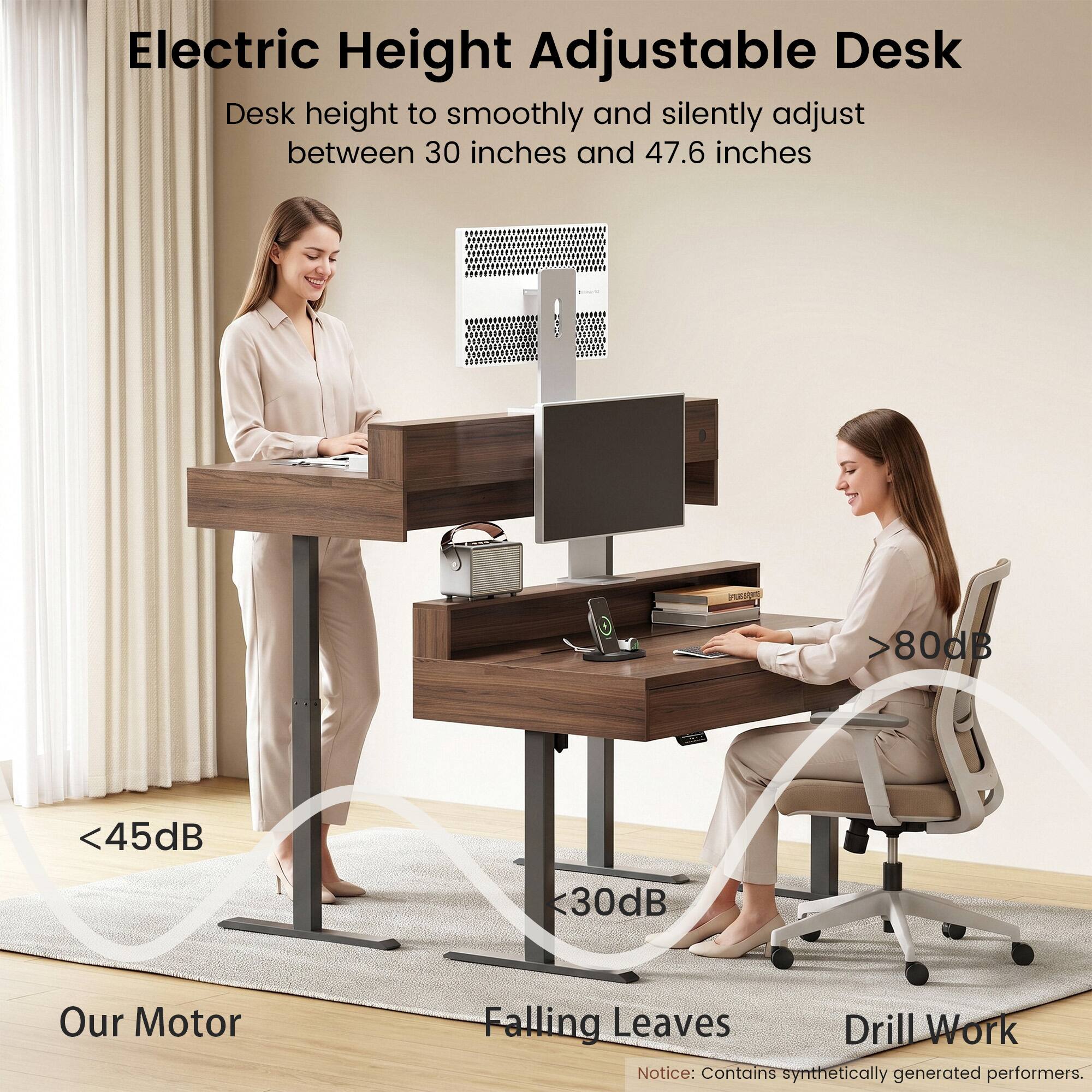 Electric Height Adjustable Desk  
Desk height to smoothly and silently adjust between 30 inches and 47.6 inches  
<45dB  
<30dB  
Our Motor  
Falling Leaves Drill Work  
Notice: Contains synthetically generated performers.