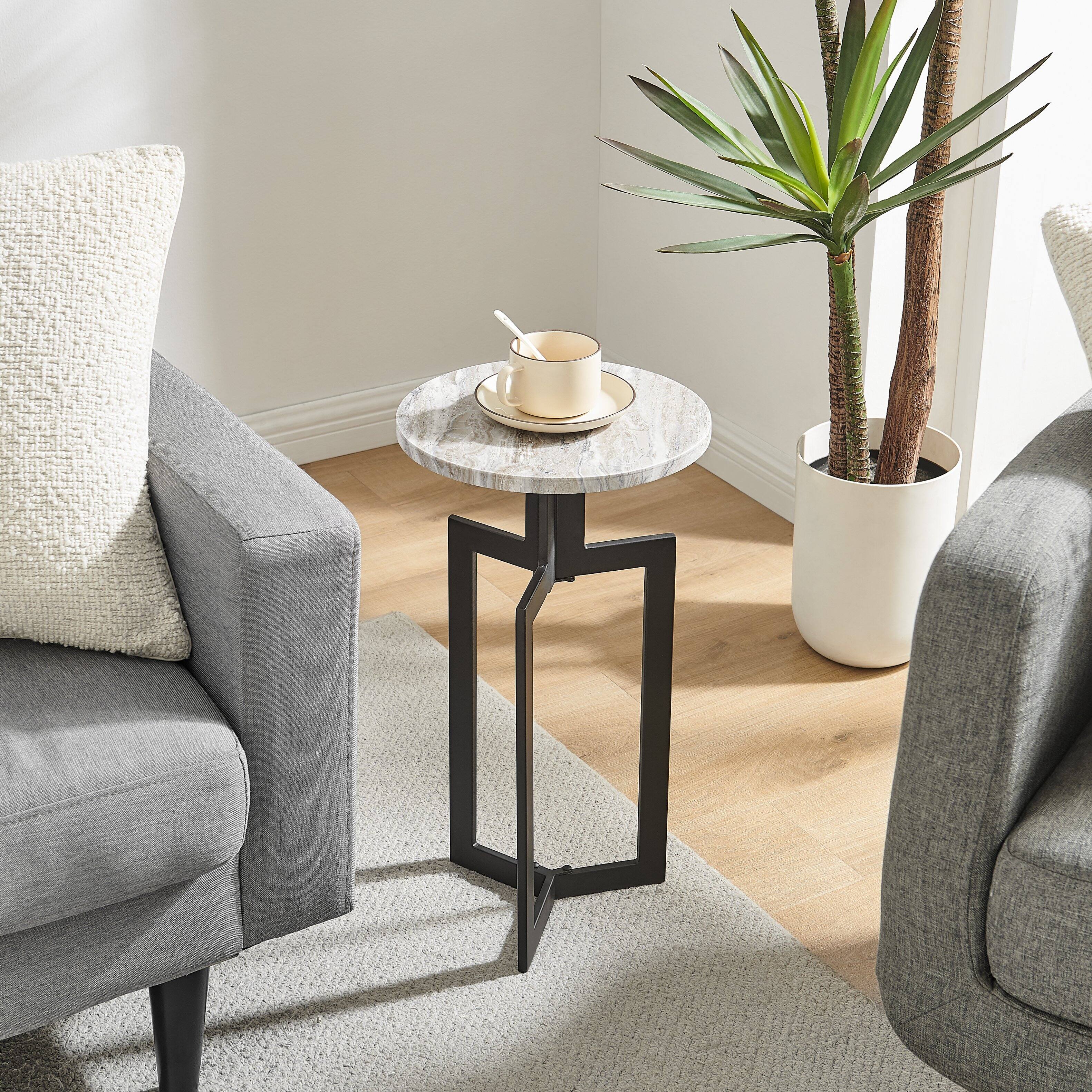 Left. Danya B - Black Metal Sculptural Pedestal & Faux Stone Tabletop Accent End Table - Black, White Marble.