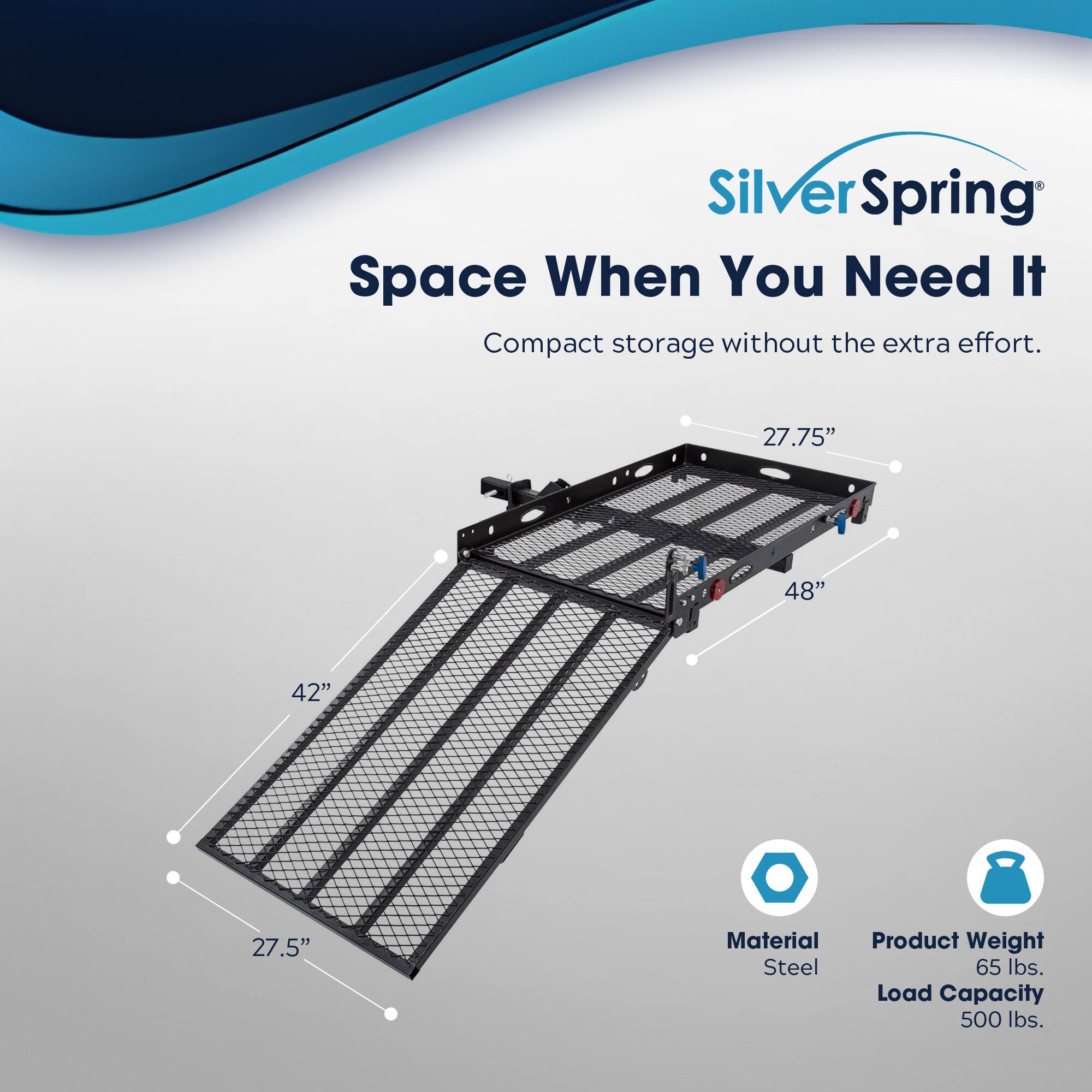 SilverSpring  
Space When You Need It  
Compact storage without the extra effort.  

Dimensions:  
- 27.75"  
- 48"  
- 42"  
- 27.5"  

Material: Steel  
Product Weight: 65 lbs.  
Load Capacity: 500 lbs.