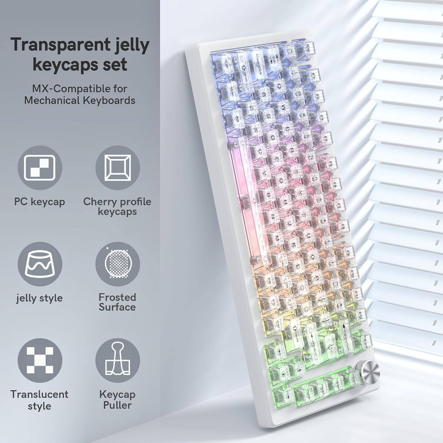 Transparent jelly keycaps set MX-Compatible for Mechanical Keyboards  
PC keycap Cherry profile keycaps  
jelly style  
Frosted Surface  
Translucent style  
Keycap Puller