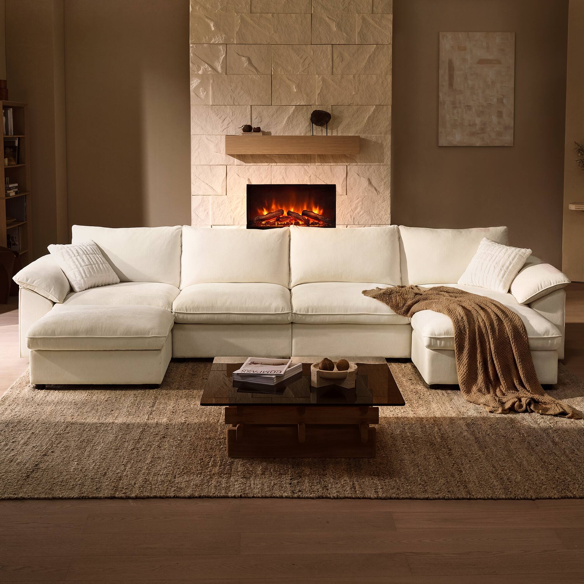 Angle. ModernMate - 145.64" W 4-Seat Chenille Cloud Down-Blend Modular U-shape Sectional with Storage Ottoman for Living Room - Beige U-Shaped.
