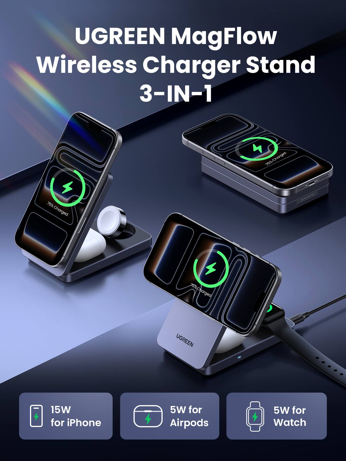 UGREEN MagFlow Wireless Charger Stand 3-IN-1

75% Charged

UGREEN 15W for iPhone
5W for Airpods
5W for Watch