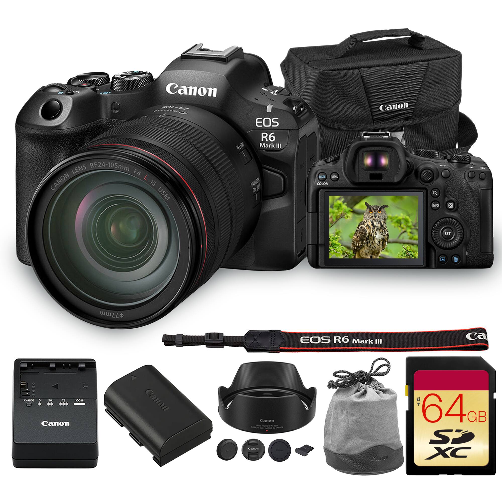Canon EOS R6 Mark III

Canon RF24-105mm F4 L IS USM Lens

Canon 64GB SDXC Memory Card

Canon Battery Charger

Canon Battery

Canon Lens Hood

Canon Camera Bag

Canon Strap

Canon Lens Cap