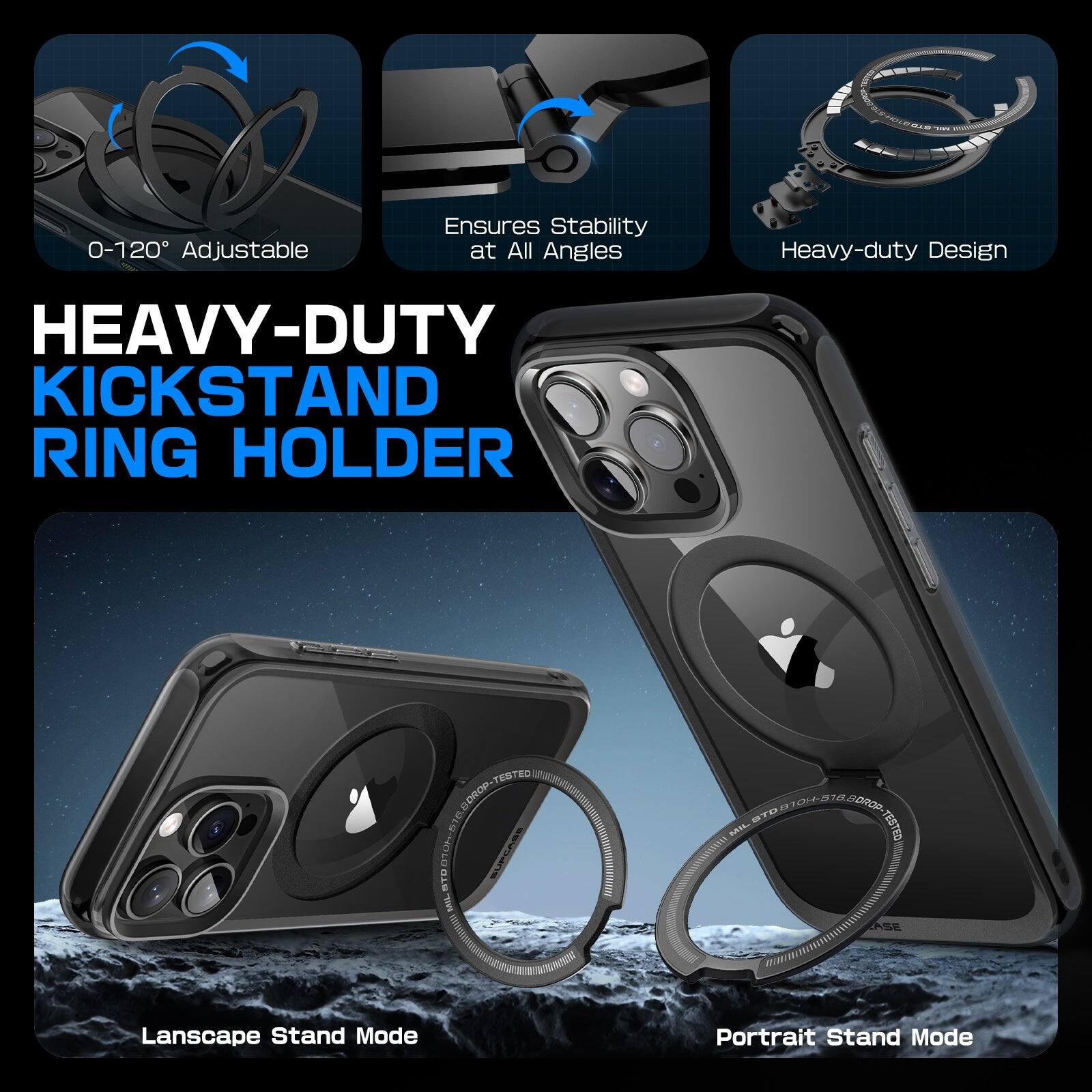 0-120° Adjustable Ensures Stability at All Angles Heavy-duty Design HEAVY-DUTY KICKSTAND RING HOLDER TESTED Boe C SDO MIL. 10 -TE St sando TESTED ASE Landscape Stand Mode Portrait Stand Mode