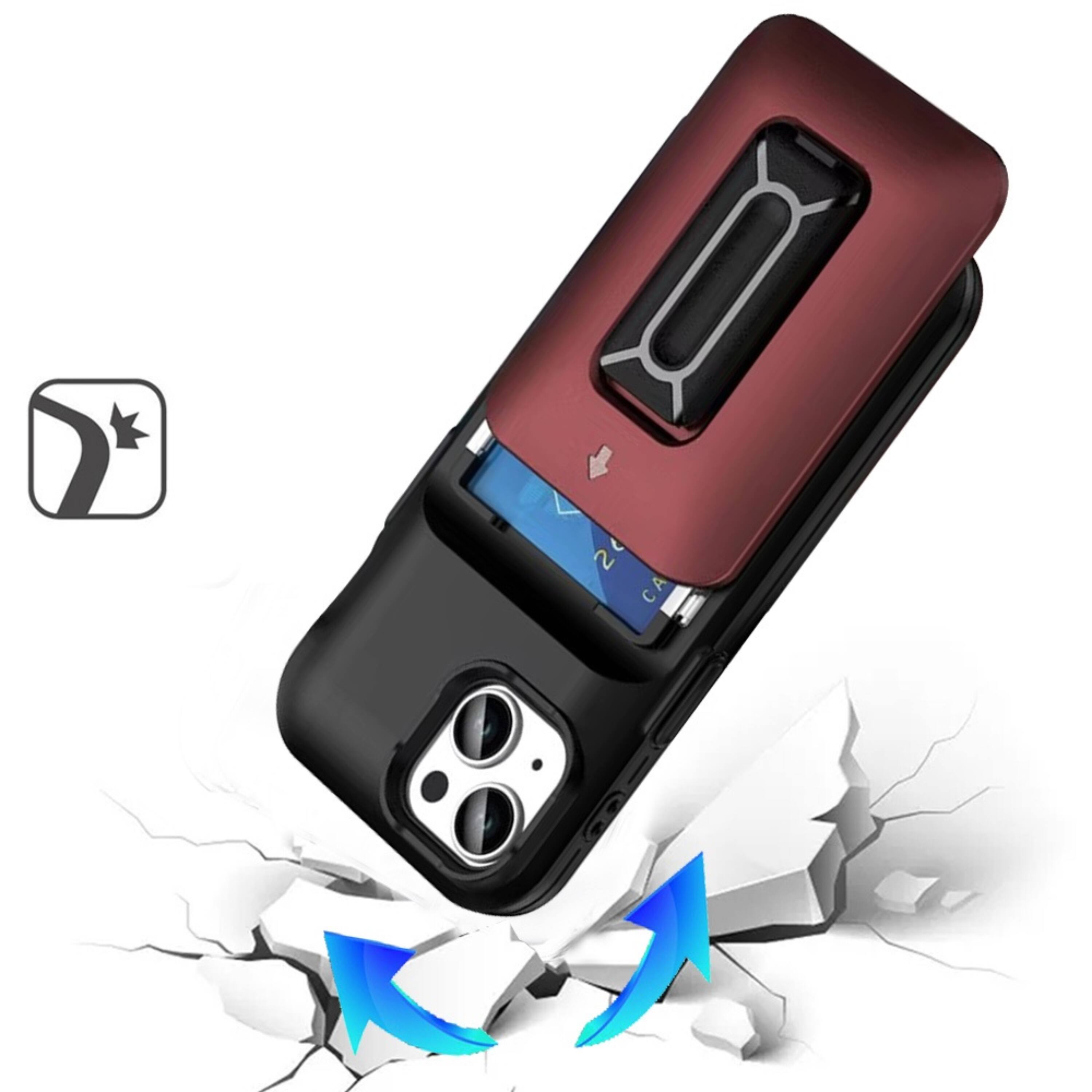 Left. Kitcheniva - Card Holder Kickstand And Strap Phone Case With Tempered Glass For iPhone 13/14 Black Red - Black And Red.