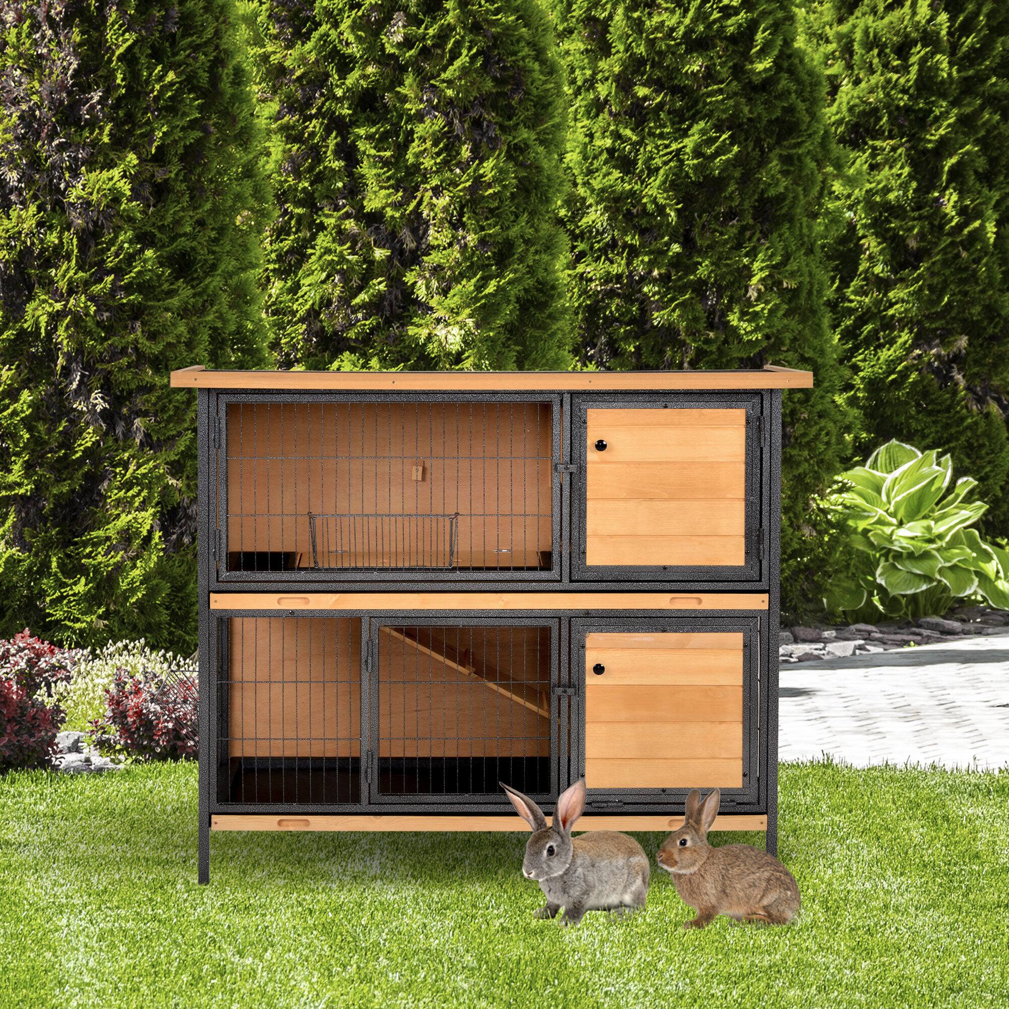 Alt View 1. Pawhut - 2-Story Large Rabbit Hutch Bunny Cage Wooden Pet House Metal Frame with Rooms, Ramp, No Leak Tray.
