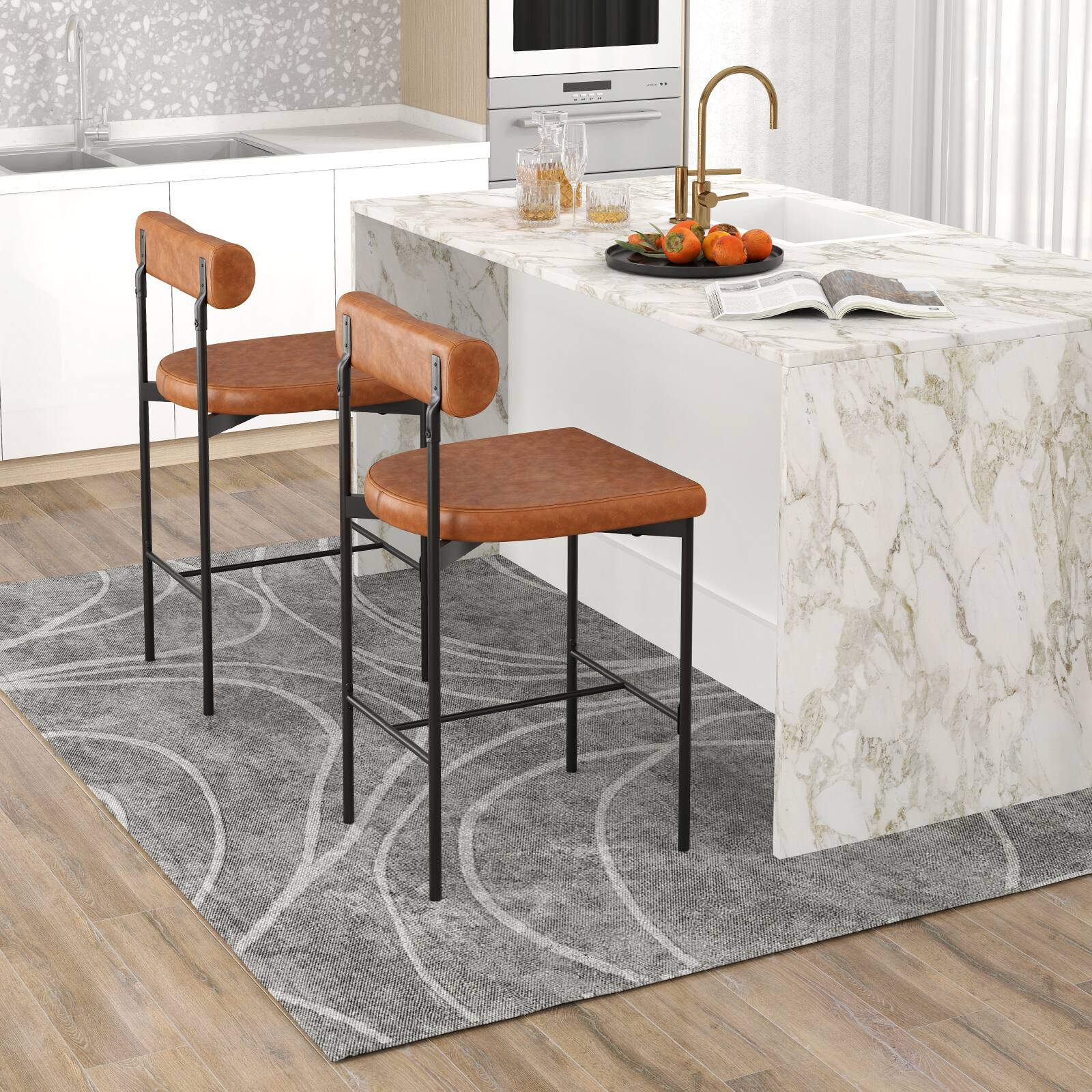 Alt View 1. Ecooso - 20 Inch Counter Stools Set of 2, Upholstered Seat with Backrest and Footrest for Kitchen - Brown.