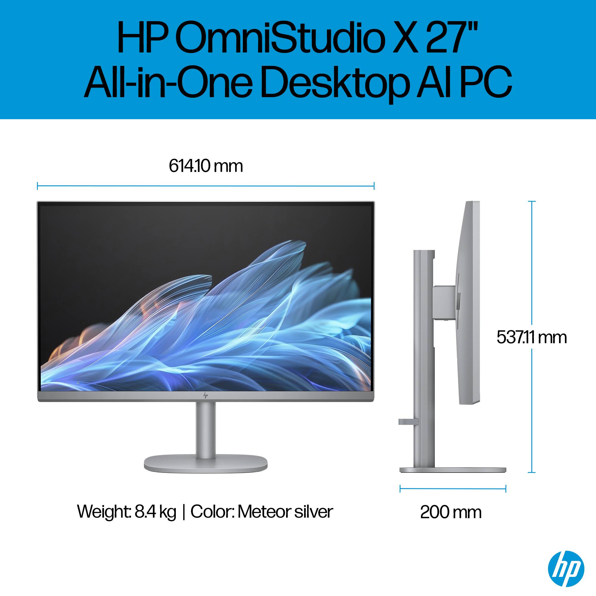 HP OmniStudio X 27" All-in-One Desktop AI PC

- Width: 614.10 mm
- Depth: 537.11 mm
- Height: 200 mm
- Weight: 8.4 kg
- Color: Meteor silver
