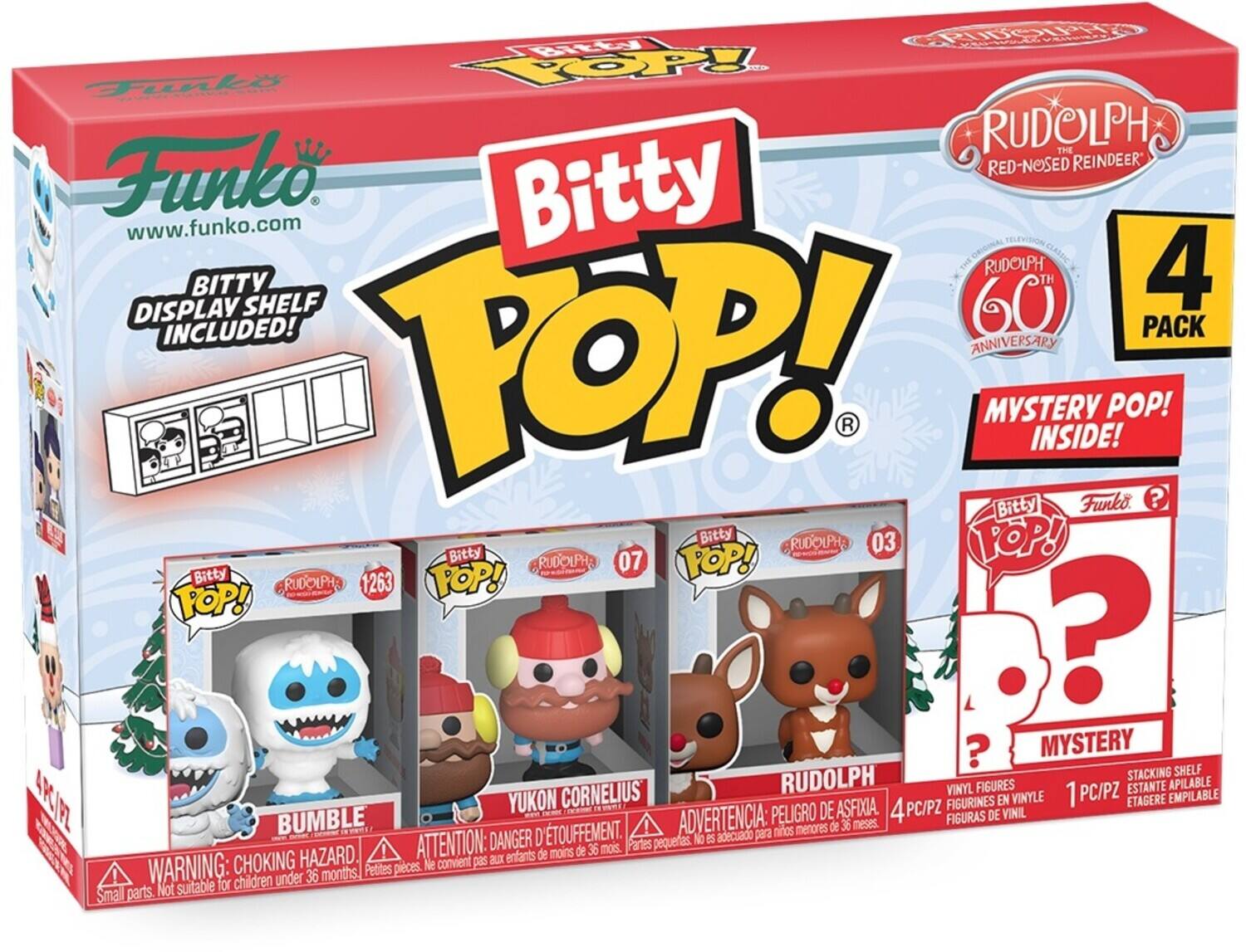 Funko, Bitly Pop!, Rudolph the Red-Nosed Reindeer, 4 Bitty Pop! Display Shelf Included!, 60th Anniversary, Mystery Pop! Inside!, 4 PC/PZ Vinyl Figures, 1 PC/PZ Stacking Shelf, Yukon Cornelius, Rudolph, Bumble, Warning: Choking Hazard, Not suitable for children under 36 months, Petite pieces, Small parts, Danger, Peligro de asfixia, No convierta pasa a los niños de menos de 36 meses, Partes pequeñas, No es adecuado para niños menores de 36 meses, Danger: choking hazard, Partes pequeñas.