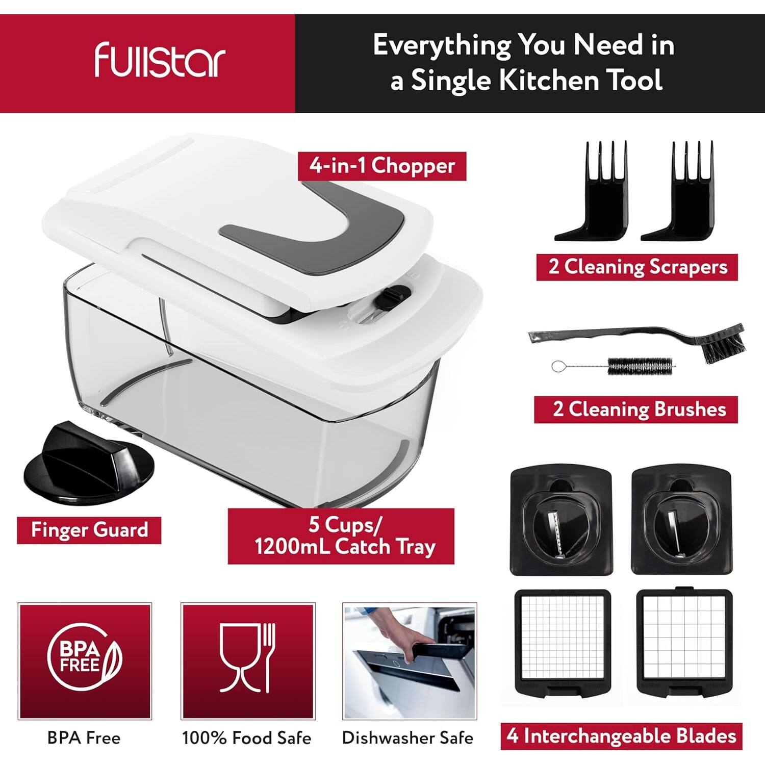 fulistar Everything You Need in a Single Kitchen Tool 4-in-1 Chopper 2 Cleaning Scrapers 2 Cleaning Brushes Finger Guard 5 Cups/ 1200mL Catch Tray BPA FREE BPA Free 100% Food Safe Dishwasher Safe 4 Interchangeable Blades