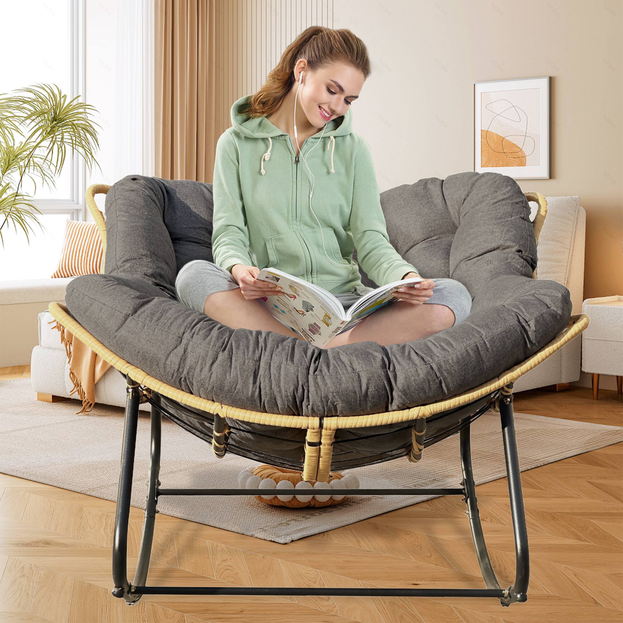 Front. Tiramisubest - Larger Outdoor Rocking Chair,Patio Egg Rocking Chair,Rattan Wicker Lounge Chair for Indoor and Outdoor Spaces-Dark Grey - Black+ Gray.