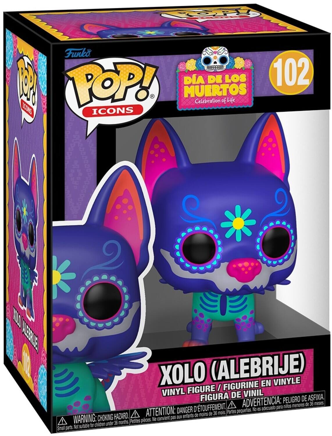 Sure, here is the corrected and grouped text from the image:

---

**Funko POP! Icons**

**102**

**Día de los Muertos**  
Celebration of Life

**Xolo (Alebrije)**  
Vinyl Figure / Figurine en Vinyle / Figura de Vinil

**WARNING: CHOKING HAZARD**  
Small parts. Not suitable for children under 36 months.  
**ATTENTION: DANGER D'ÉTOUFFEMENT**  
Petites pièces. Ne convient pas aux enfants de moins de 36 mois.  
**ADVERTENCIA: PELIGRO DE ASFIXIA**  
Partes pequeñas. No es adecuado para niños menores de 36 meses.

---

This text is organized to reflect the information on the packaging accurately.