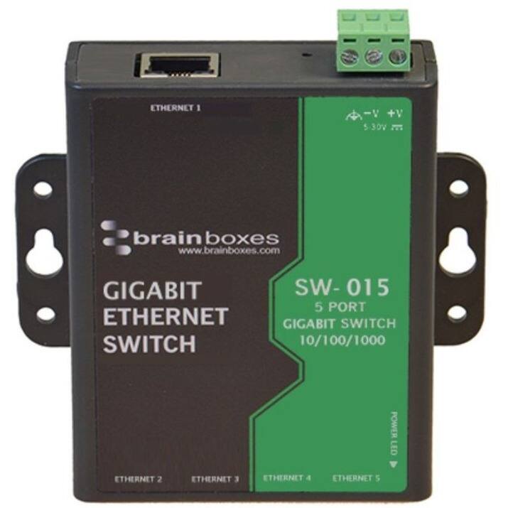 ETHERNET 1 +V 5-30V brain boxes www.brainboxes.com GIGABIT ETHERNET SWITCH SW-015 5 PORT GIGABIT SWITCH 10/100/1000 POWER LED ETHERNET 2 ETHERNET 3 ETHERNET 4 ETHERNET 5