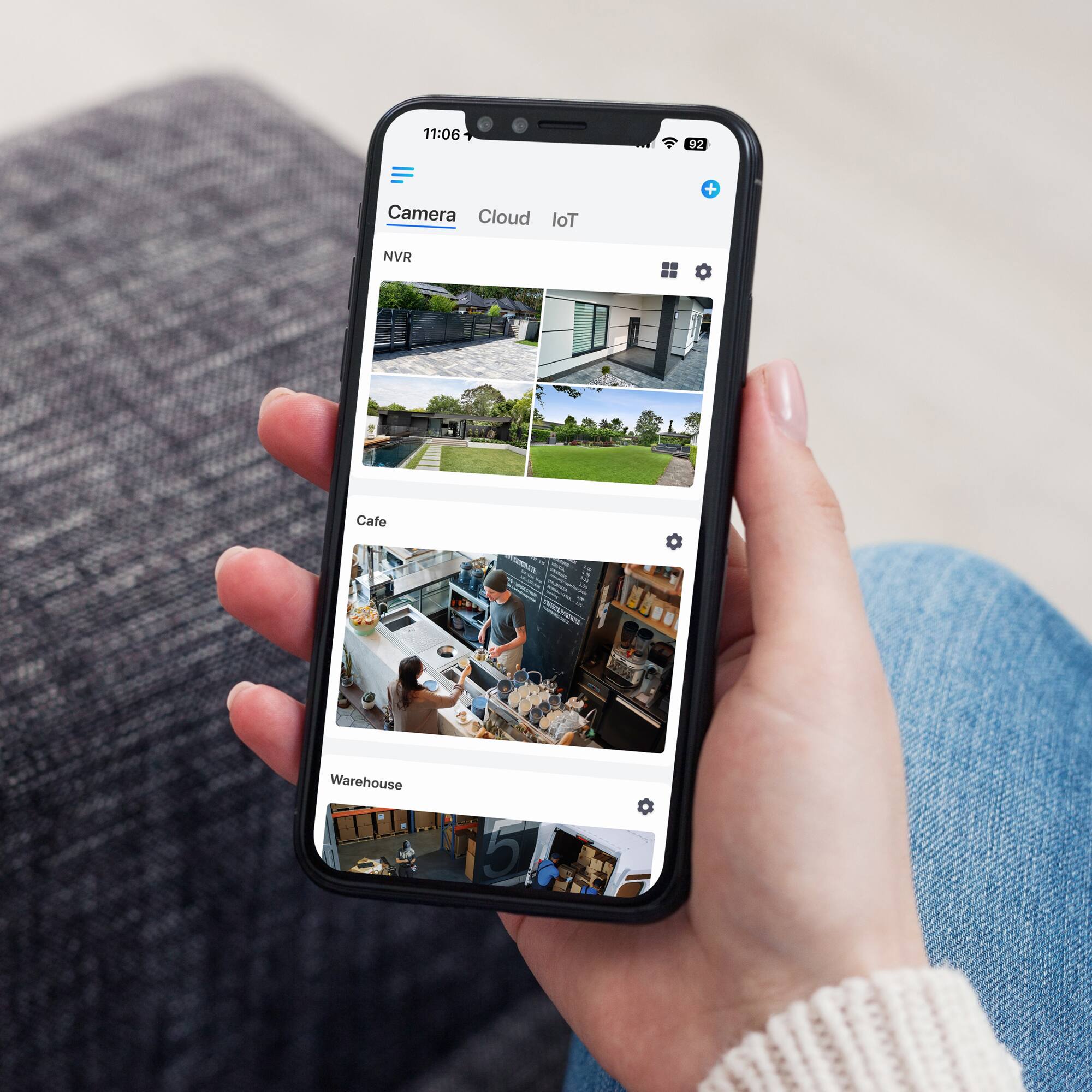 The text on the image reads: "11:06 92 Camera Cloud loT + NVR Cafe / Warehouse C. 5 -".