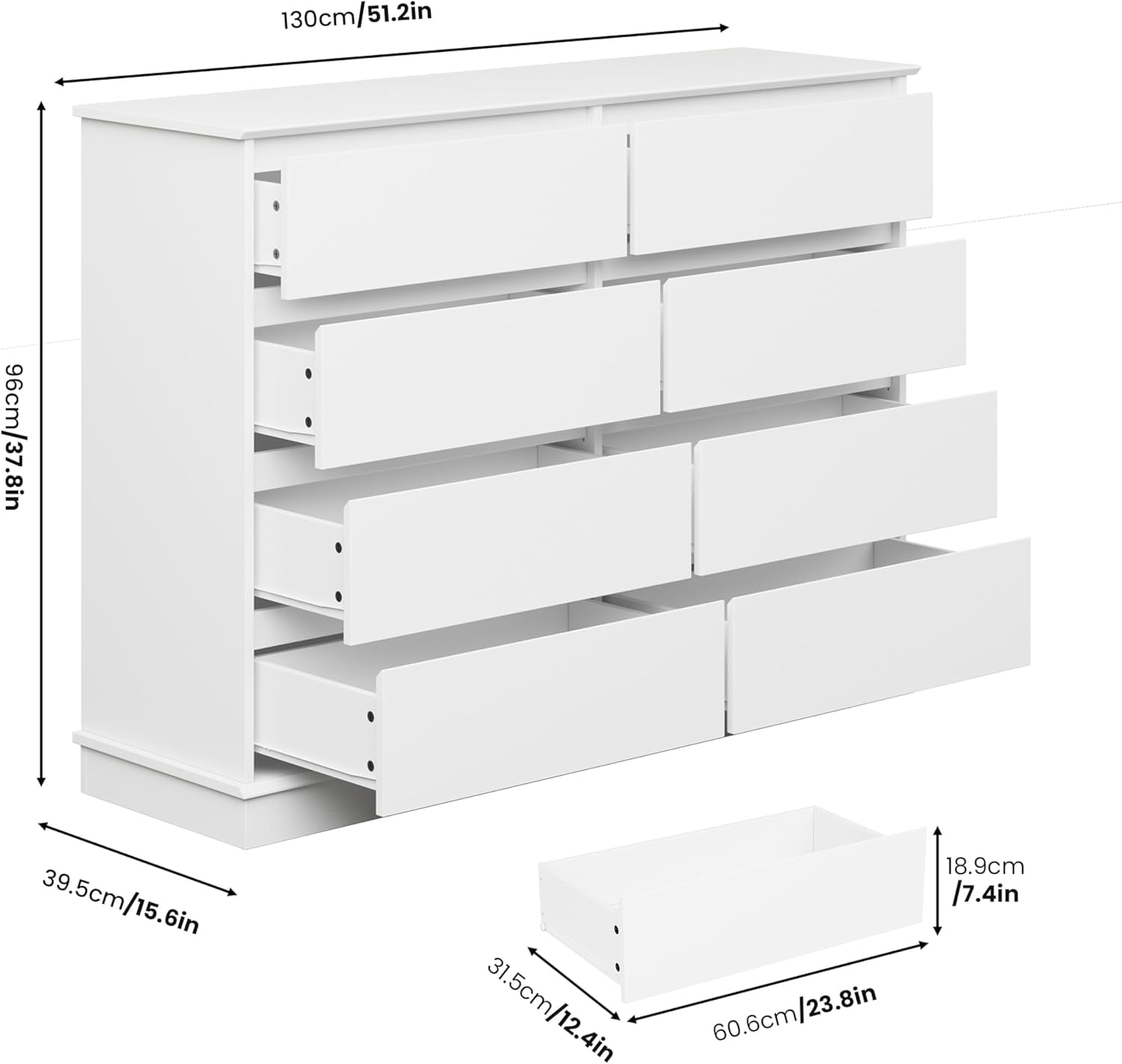 130cm/51.2in  
96cm/37.8in  
39.5cm/15.6in  
18.9cm/7.4in  
31.5cm/12.4in  
60.6cm/23.8in