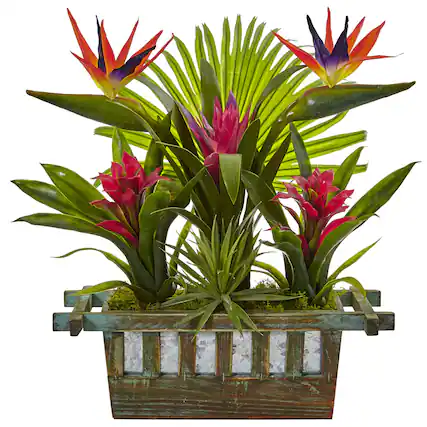 Front. BreeBe - 19" Birds of Paradise and Bromeliad in Planter - Multicolor.