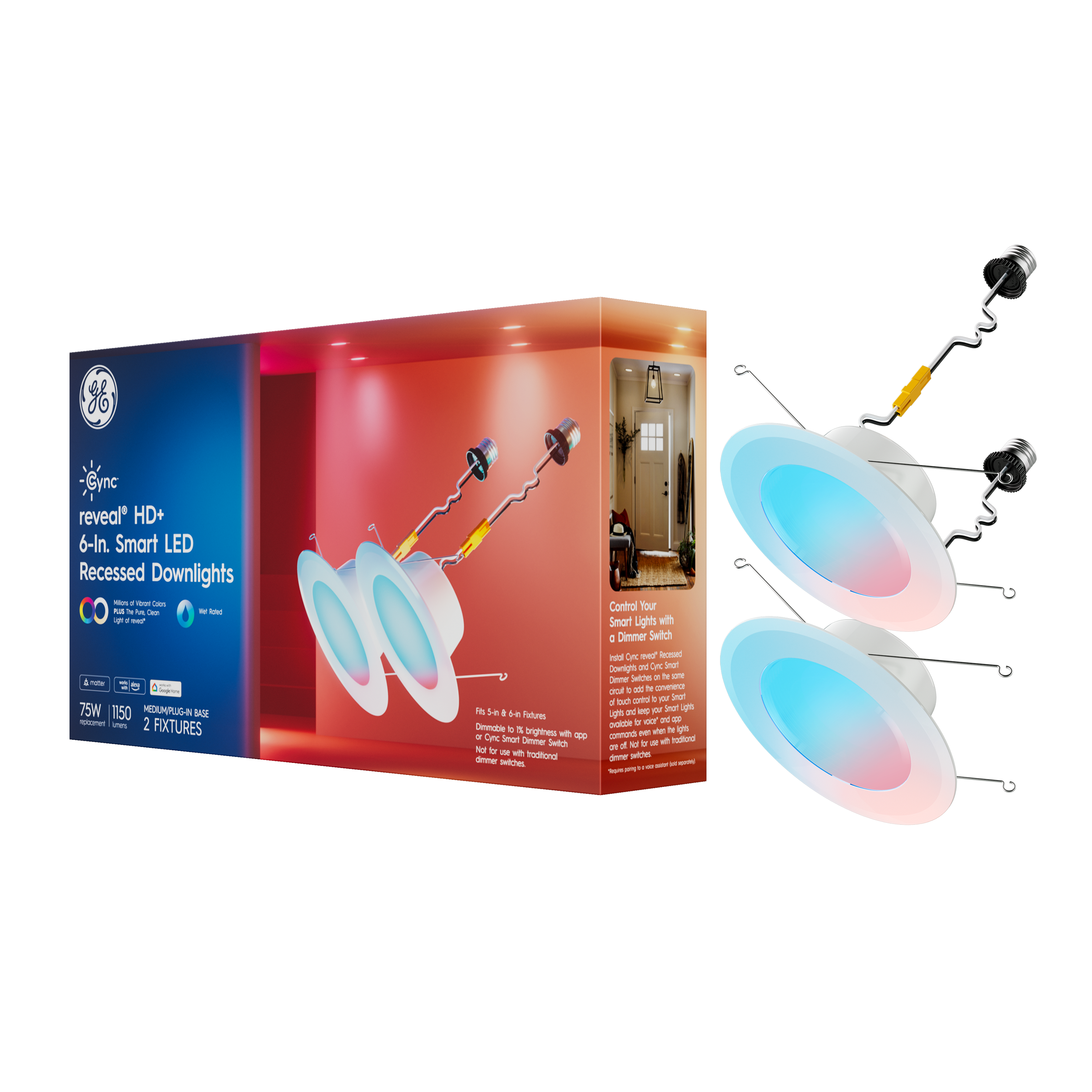 Cync - Reveal Smart LED Recessed Downlights, Color Changing, 6in, 2pk - Full Color - Front_Zoom