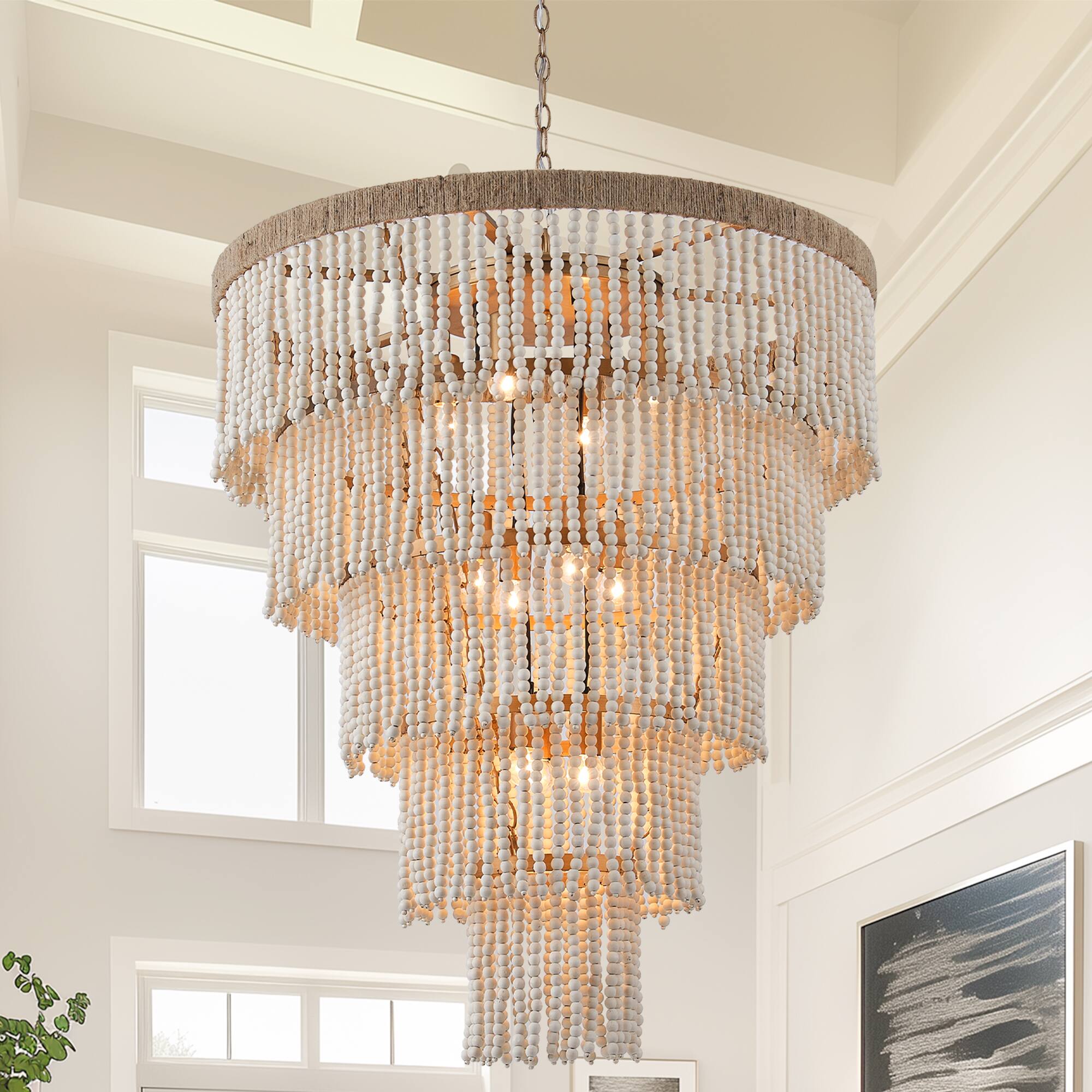 Alt View 6. Parrot Uncle - 31.5" 9-Light Bohemian Off-White 5-Tier Wooden Beads Chandelier - Off-White.