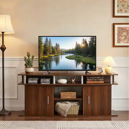 Front. WELLFOR - Mid Century Modern TV Stand for TVs up 70", Entertainment Console Center with 2 Cabinets - Walnut.