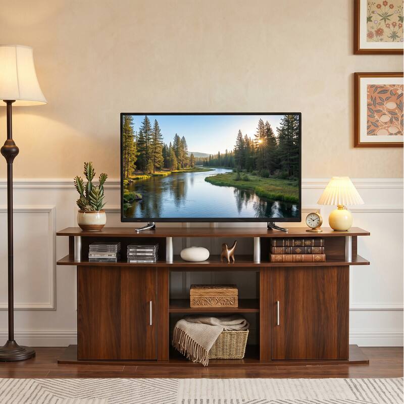 Front. WELLFOR - Mid Century Modern TV Stand for TVs up 70", Entertainment Console Center with 2 Cabinets - Walnut.