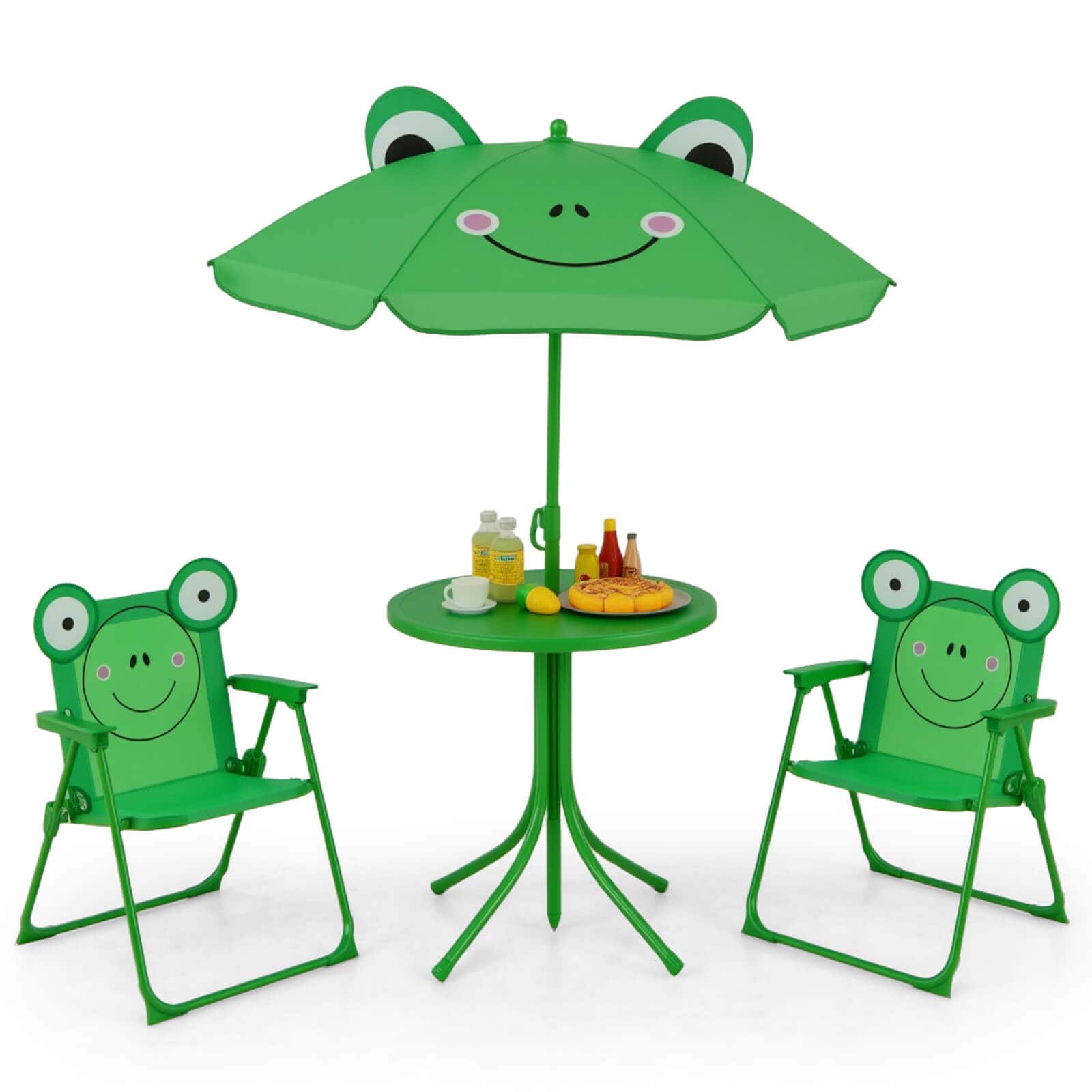 Costway - Kids Picnic Table & Chair Set with 2 Folding Chairs & Height Adjustable Umbrella - Green