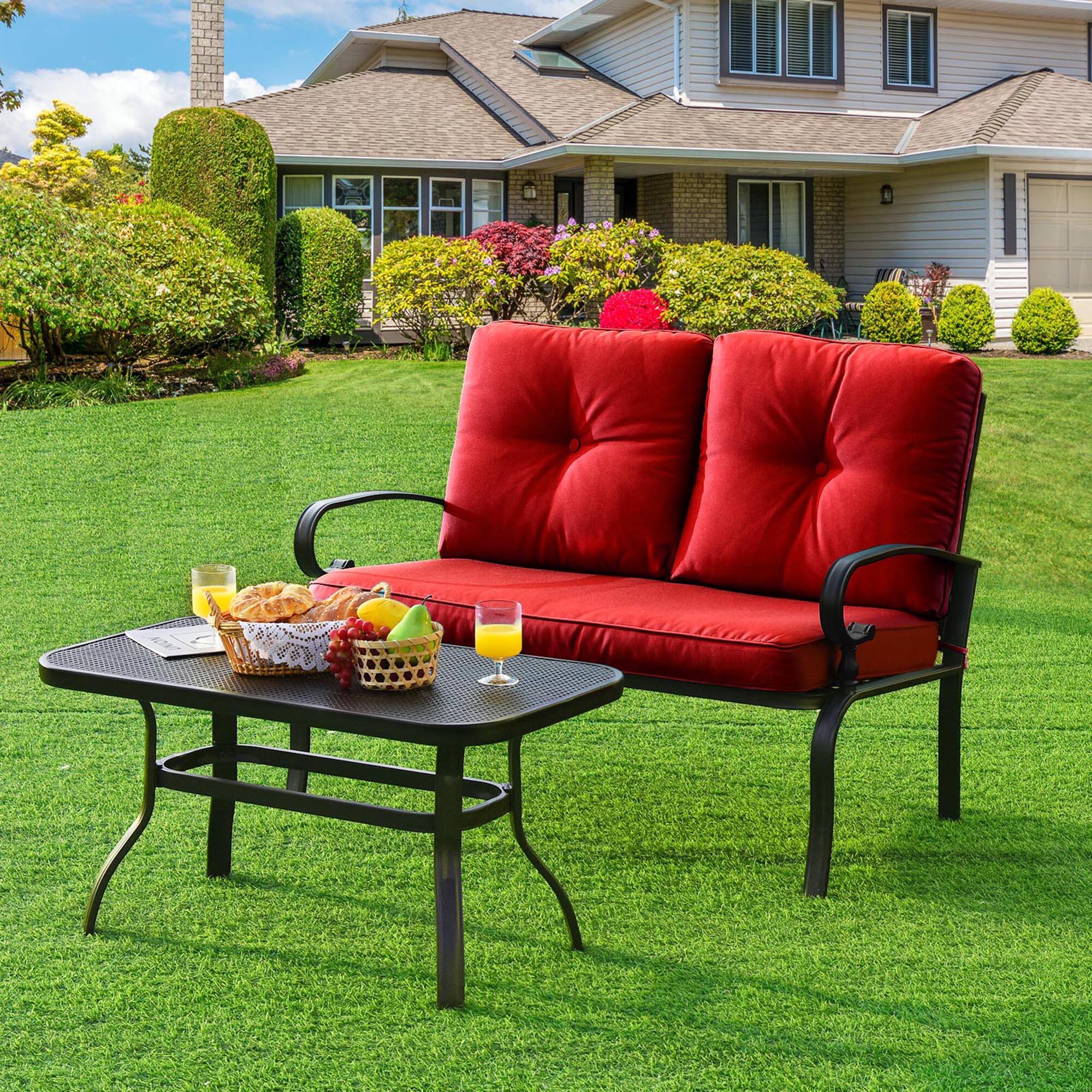 Gymax - 2PCS Patio Loveseat & Table Set Conversation Sofa Set w/ Cushions - Red