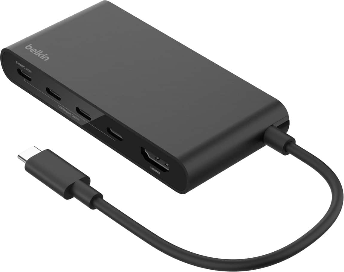 Belkin - 5-Port Hub w/ 4K HDMI, 7.8 inch tethered USB-C cable, 100W Power Delivery for MacBook, iPad Pro, Chromebook & More - Black - Front_Zoom