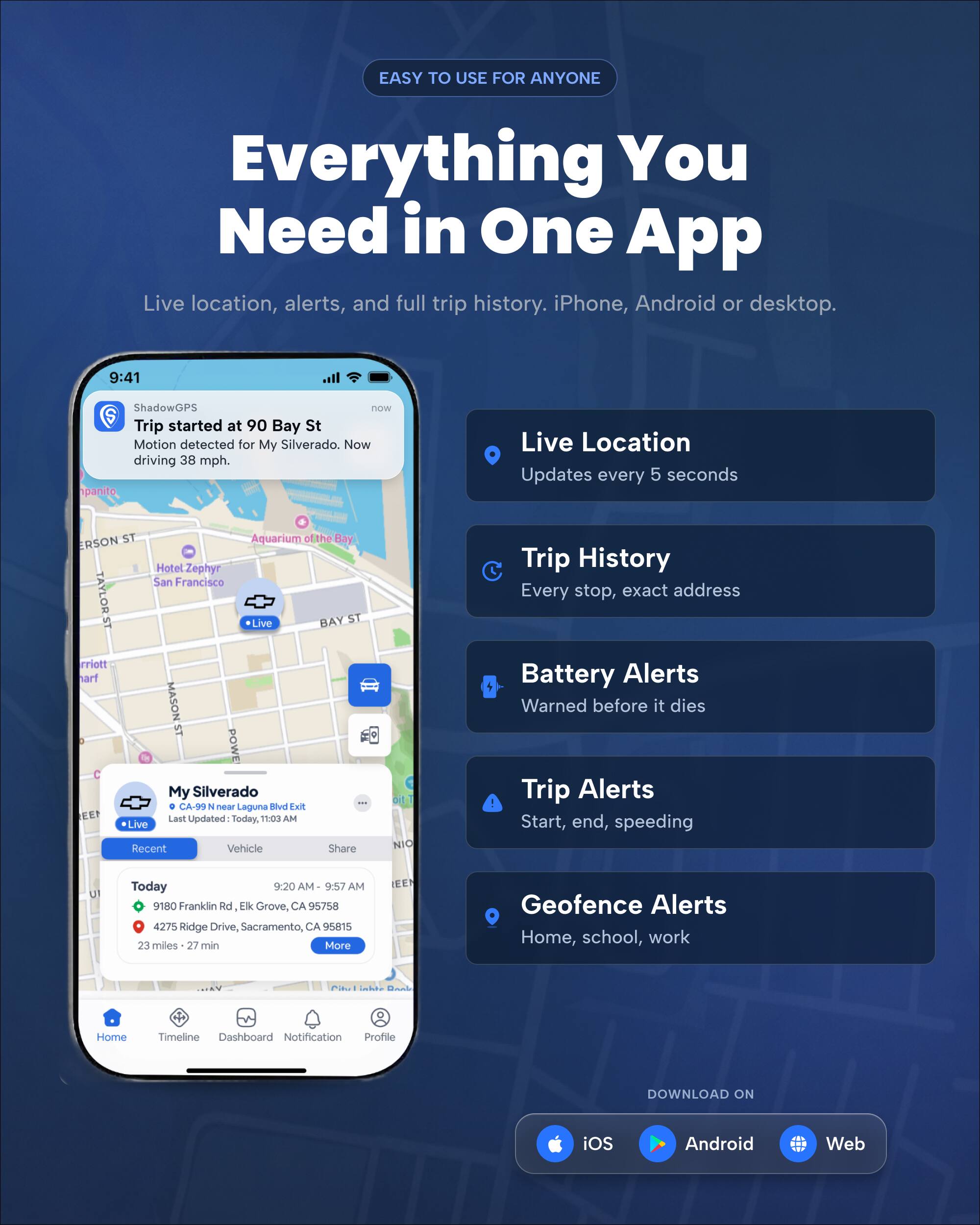 EASY TO USE FOR ANYONE

Everything You Need in One App
Live location, alerts, and full trip history. iPhone, Android or desktop.

9:41
ShadowGPS now
Trip started at 90 Bay St
Motion detected for My Silverado. Now driving 38 mph.
panito

Live Location Updates every 5 seconds

ERSON ST Aquarium the Bay Hotel Zephyr San Francisco Live BAY ST rriott harf MASON'ST My Silverado 100 CA-99 N near Laguna Blvd Exit EEN Last Updated Today, 11:03 Live Recent Vehicle Share

NIO

Trip History Every stop, exact address Battery Alerts Warned before it dies Trip Alerts ! Start, end, speeding

Today 9:20 AM 9:57 AM 9180 Franklin Rd Elk Grove, CA 95758 4275 Ridge Drive, Sacramento, CA 95815 23 miles 27 min More

EEN

Geofence Alerts Home, school, work

City
Home
Timeline Dashboard Notification Profile

DOWNLOAD ON
iOS
Android
Web