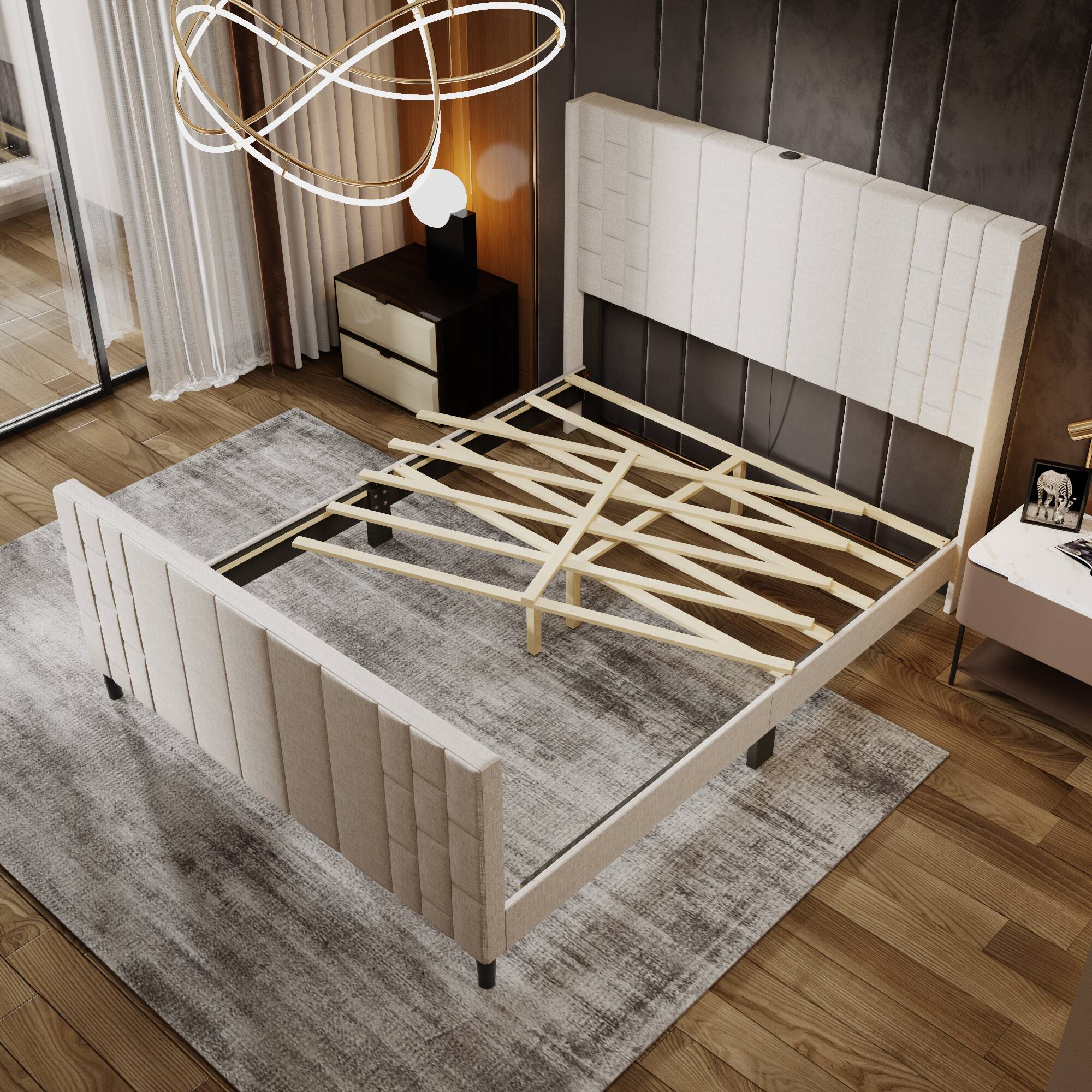 Alt View 1. Famapy - Famapy Upholstered Bed Frame: USB - Equipped, Reinforced Slats & Modern Design - White.