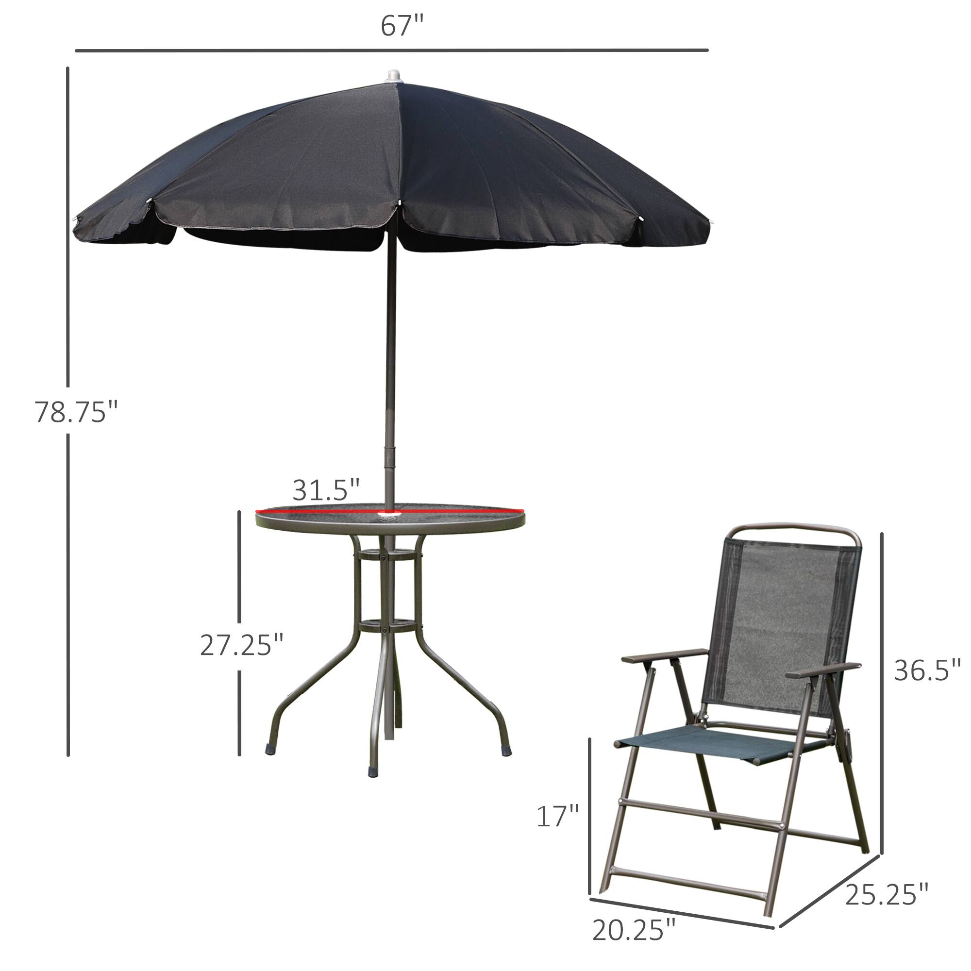 - Umbrella: 67"
- Table: 31.5" diameter, 27.25" height
- Chair: 36.5" height, 20.25" width, 25.25" depth