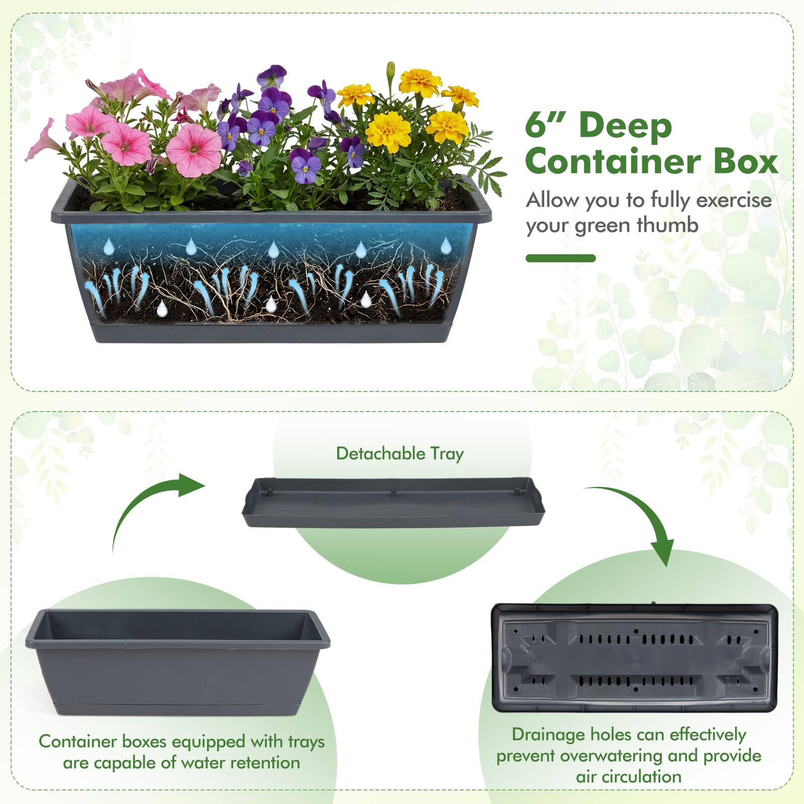 6" Deep Container Box  
Allow you to fully exercise your green thumb  

Detachable Tray  
Container boxes equipped with trays are capable of water retention  

Drainage holes can effectively prevent overwatering and provide air circulation