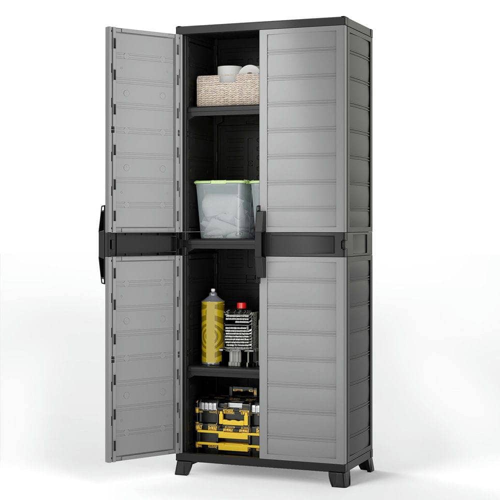 Kadyn - Lockable Plastic Storage Cabinet with Doors and 3 Interior Shelves - Black